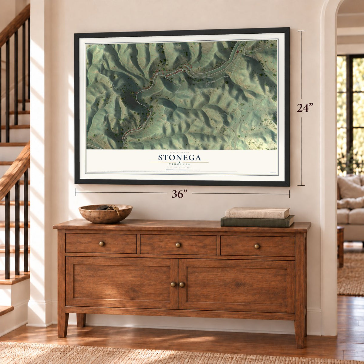 Stonega, Virginia map, 24 x 36 inch print in a black frame above a dresser by a staircase