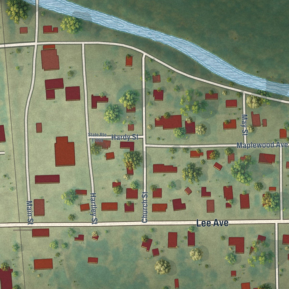 Close-up of the map of Stony Creek, Virginia print showing street and building detail