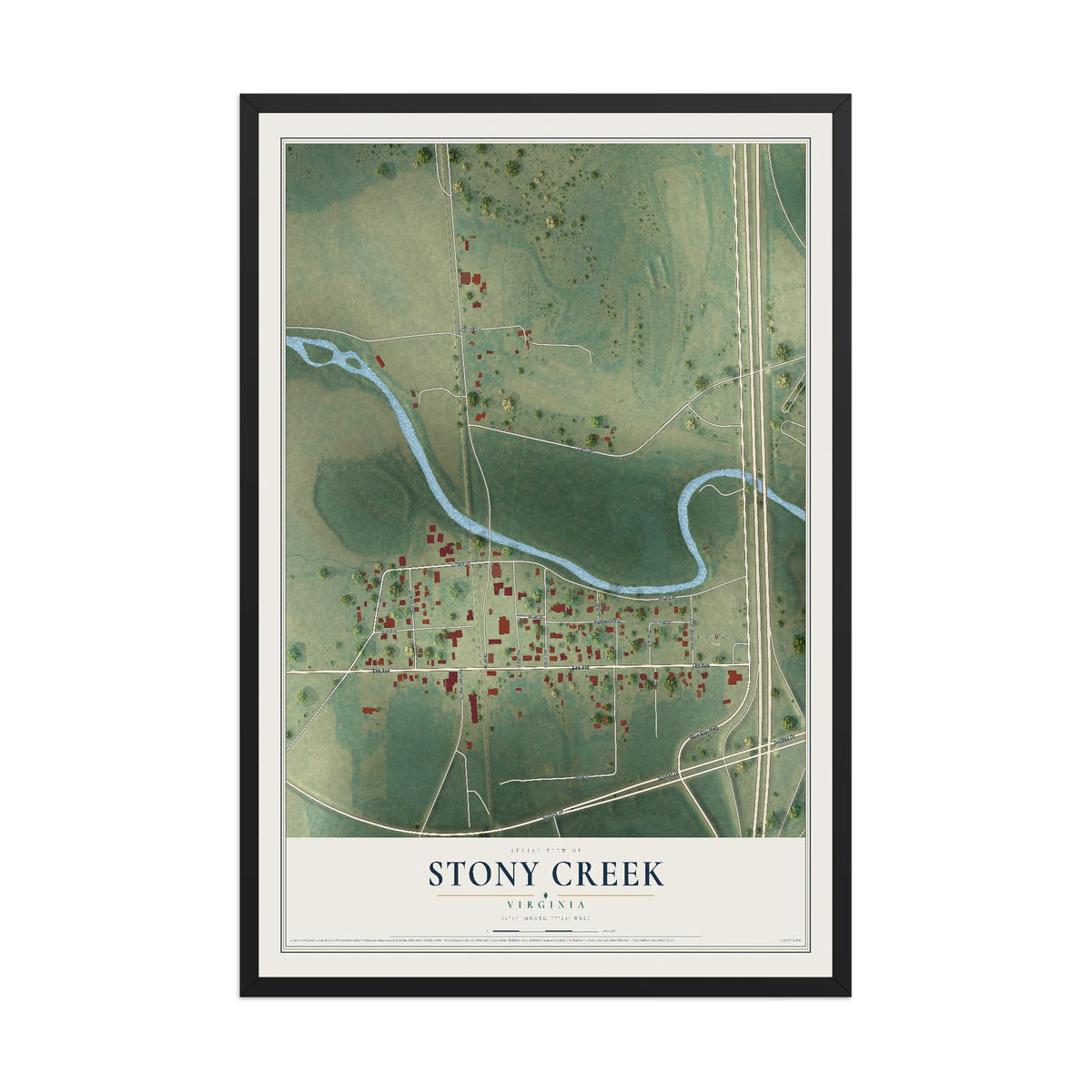 Map of Stony Creek, Virginia, 12 x 18 inch print in a black wood frame