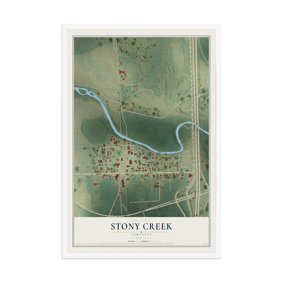 Map of Stony Creek, Virginia, 12 x 18 inch print in a white wood frame