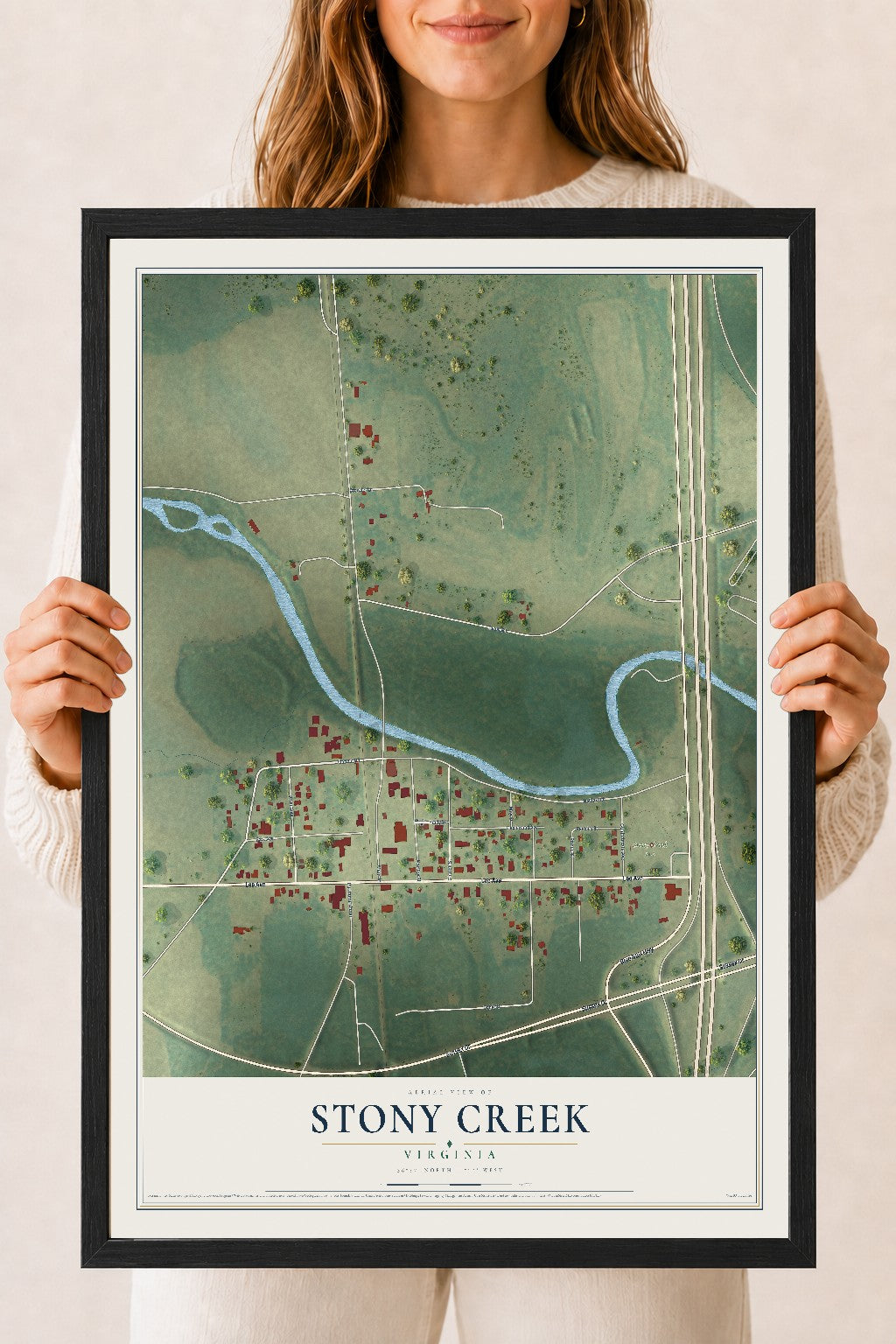 Map of Stony Creek, Virginia, 18 x 24 inch print in a black wood frame