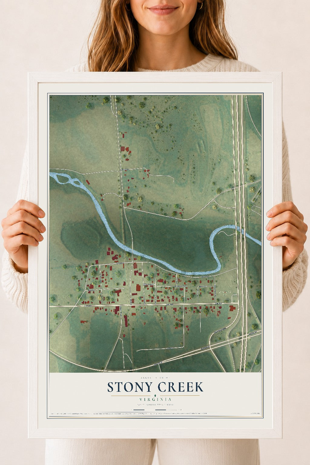 Map of Stony Creek, Virginia, 18 x 24 inch print in a white wood frame