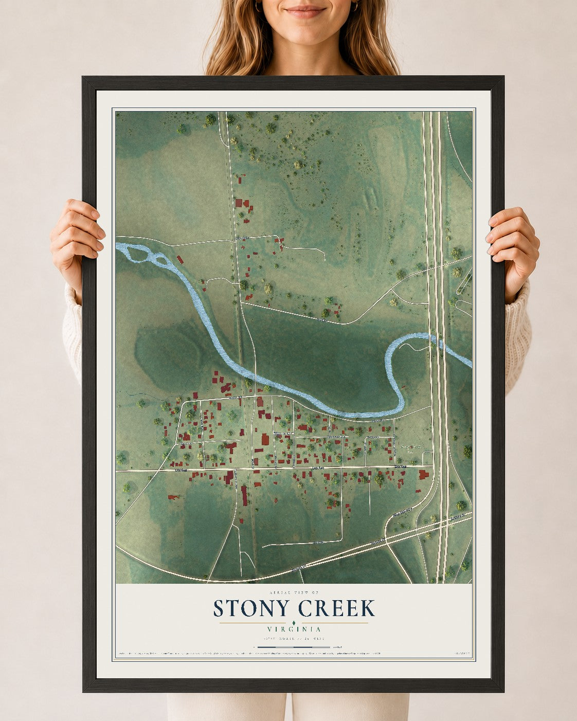 Map of Stony Creek, Virginia, 24 x 36 inch print in a black wood frame