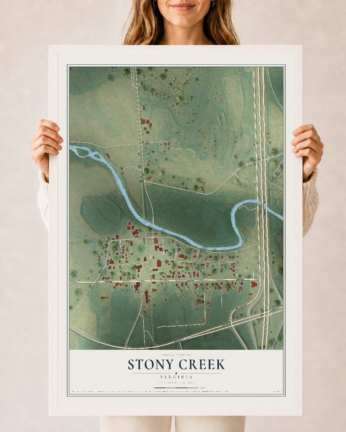Map of Stony Creek, Virginia, 24 x 36 inch print in a white wood frame
