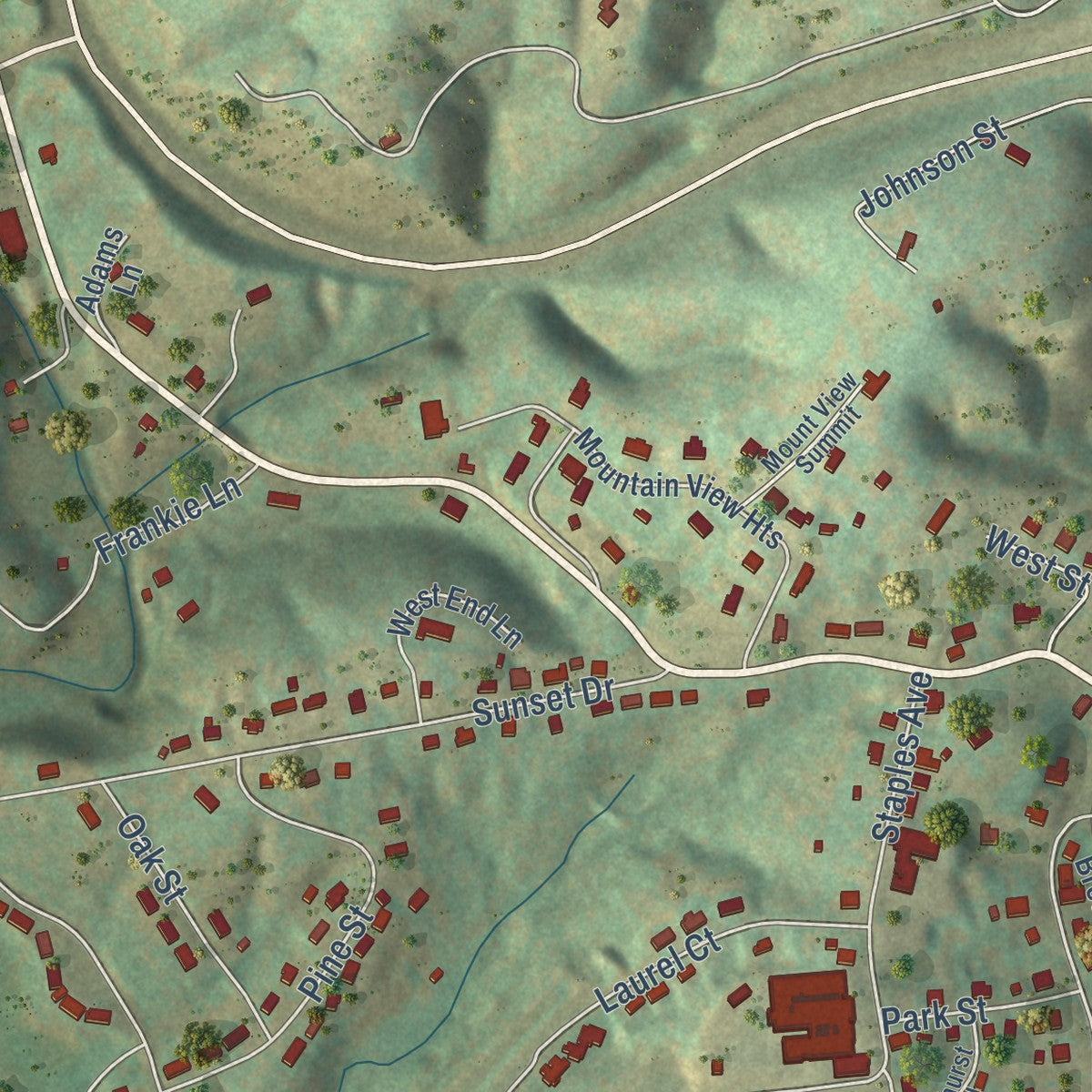 Second close-up of the map of Stuart, Virginia print showing more streets and buildings