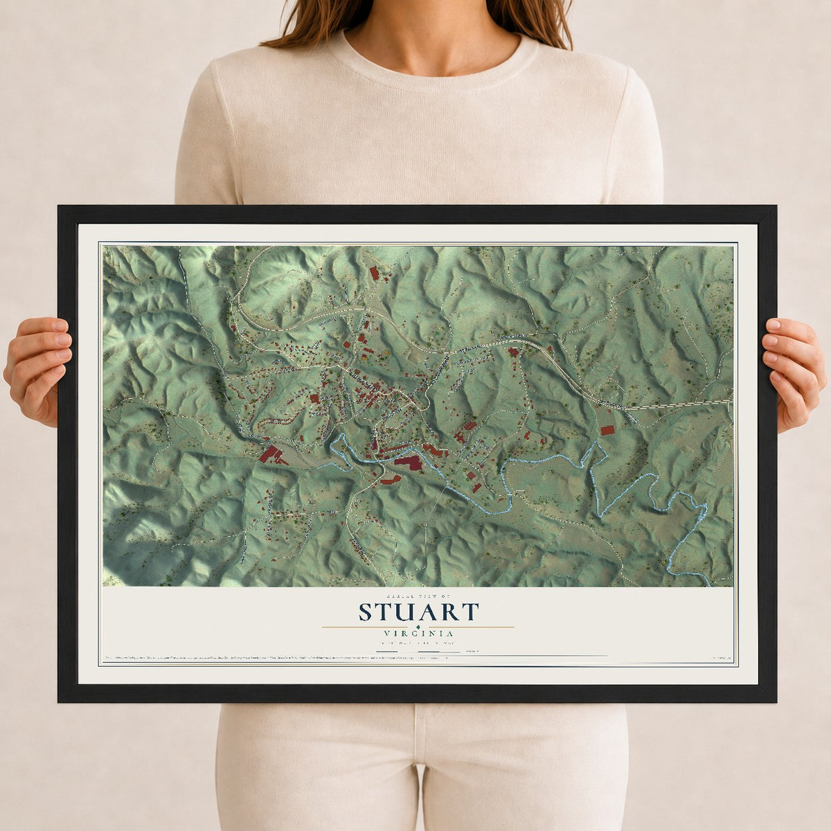 Map of Stuart, Virginia, 12 x 18 inch print in a black wood frame