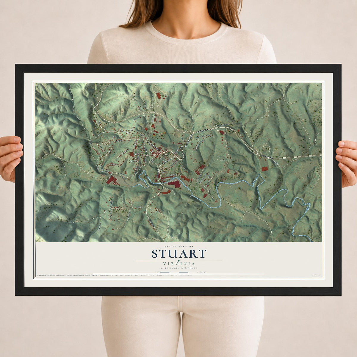 Map of Stuart, Virginia, 18 x 24 inch print in a black wood frame