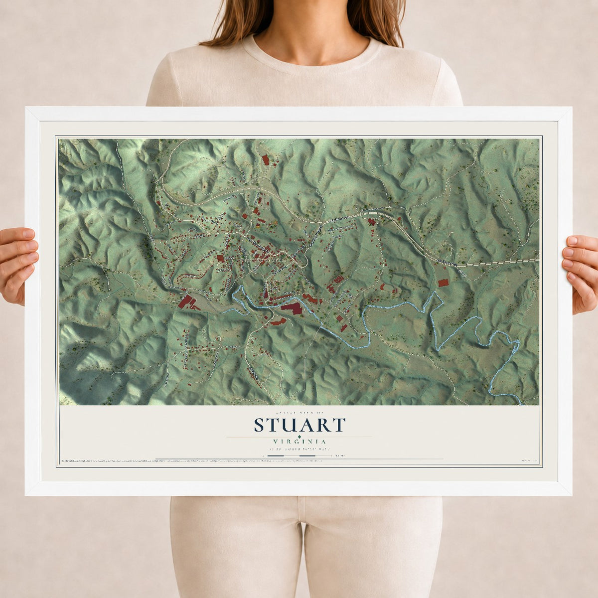 Map of Stuart, Virginia, 18 x 24 inch print in a white wood frame
