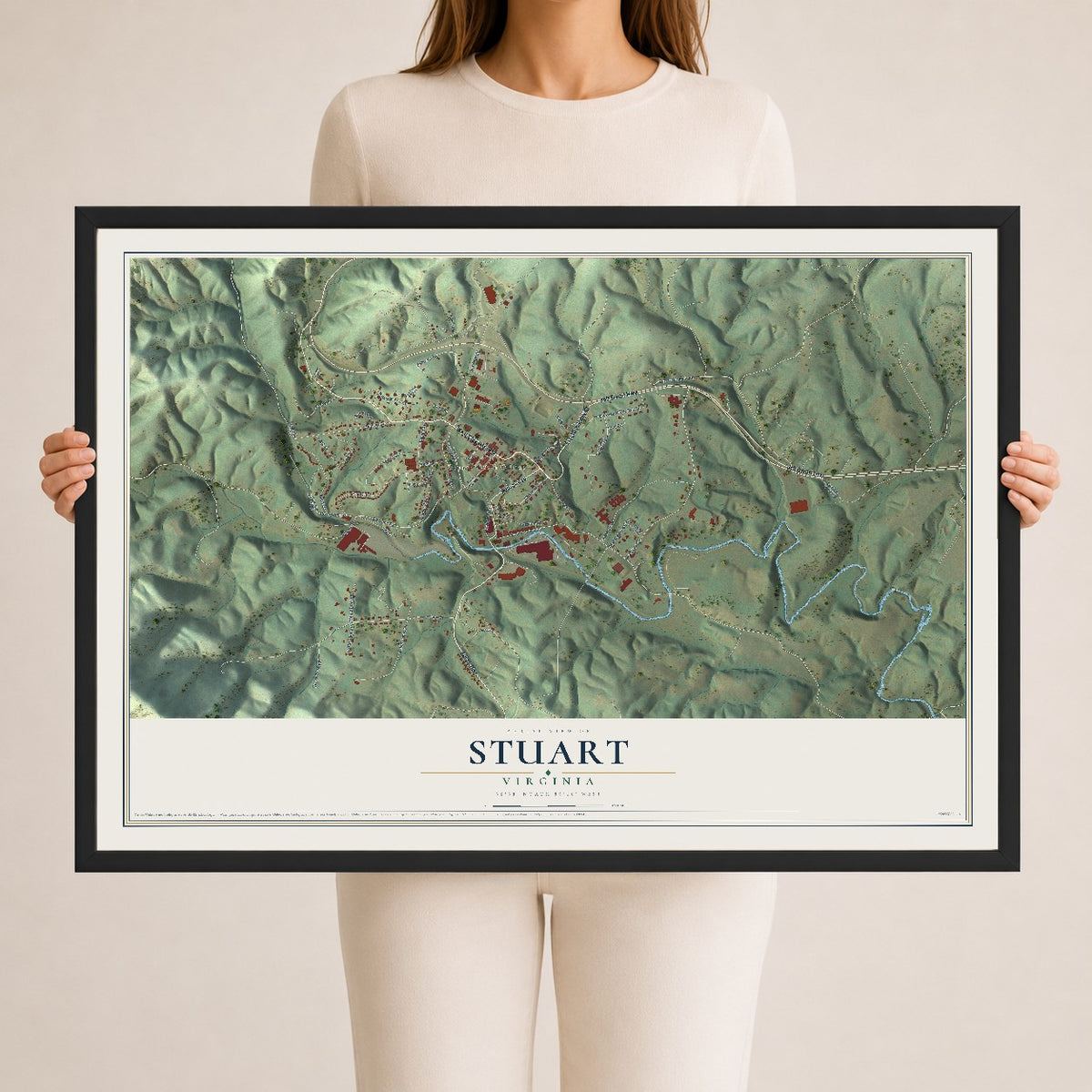 Map of Stuart, Virginia, 24 x 36 inch print in a black wood frame