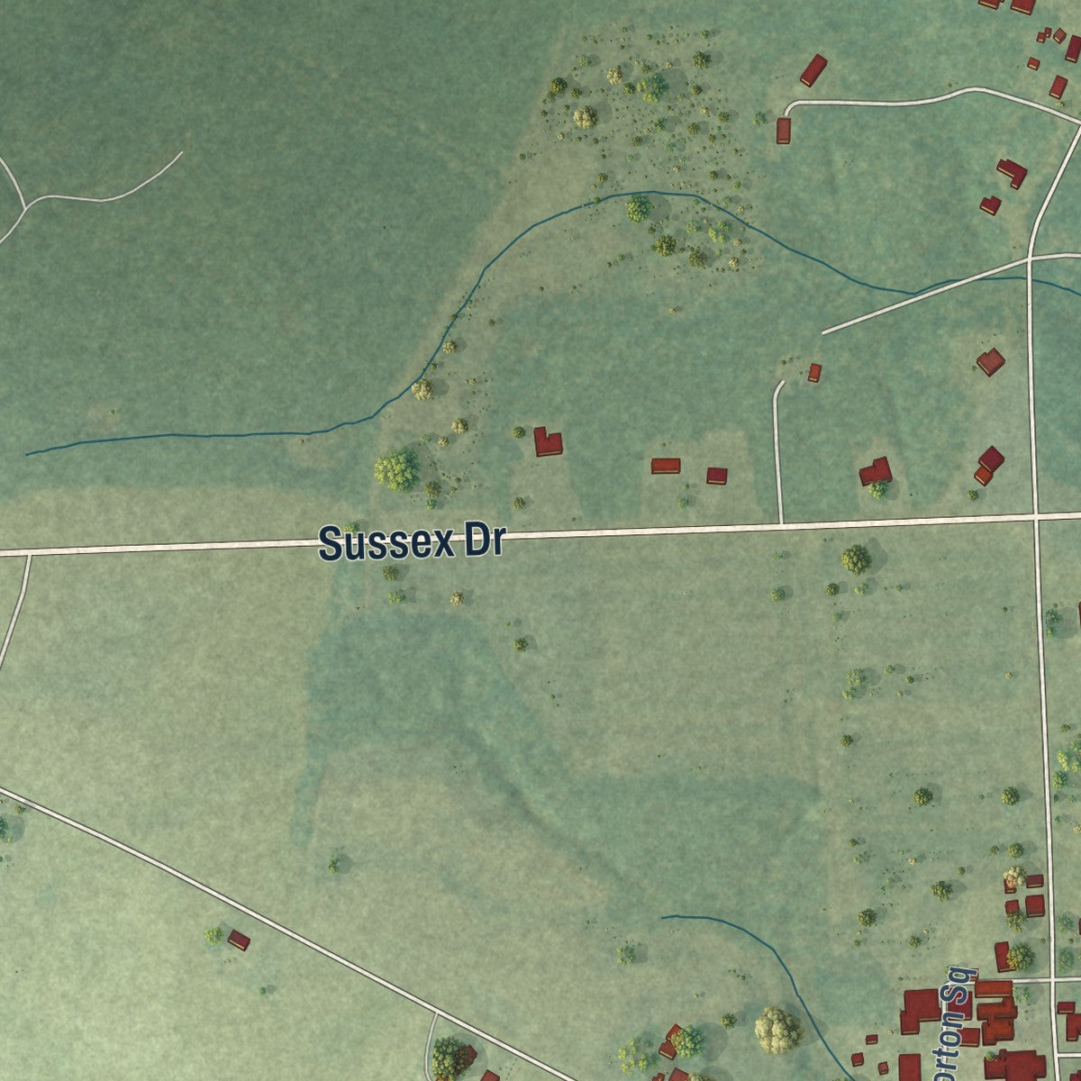 Close-up of the map of Sussex, Virginia print showing street and building detail