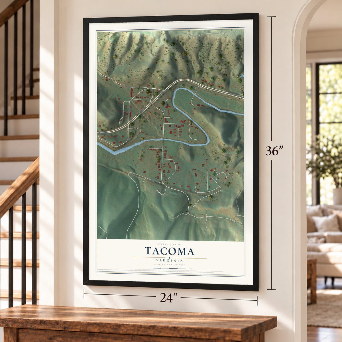 Tacoma, Virginia map, 24 x 36 inch print in a black frame by a staircase