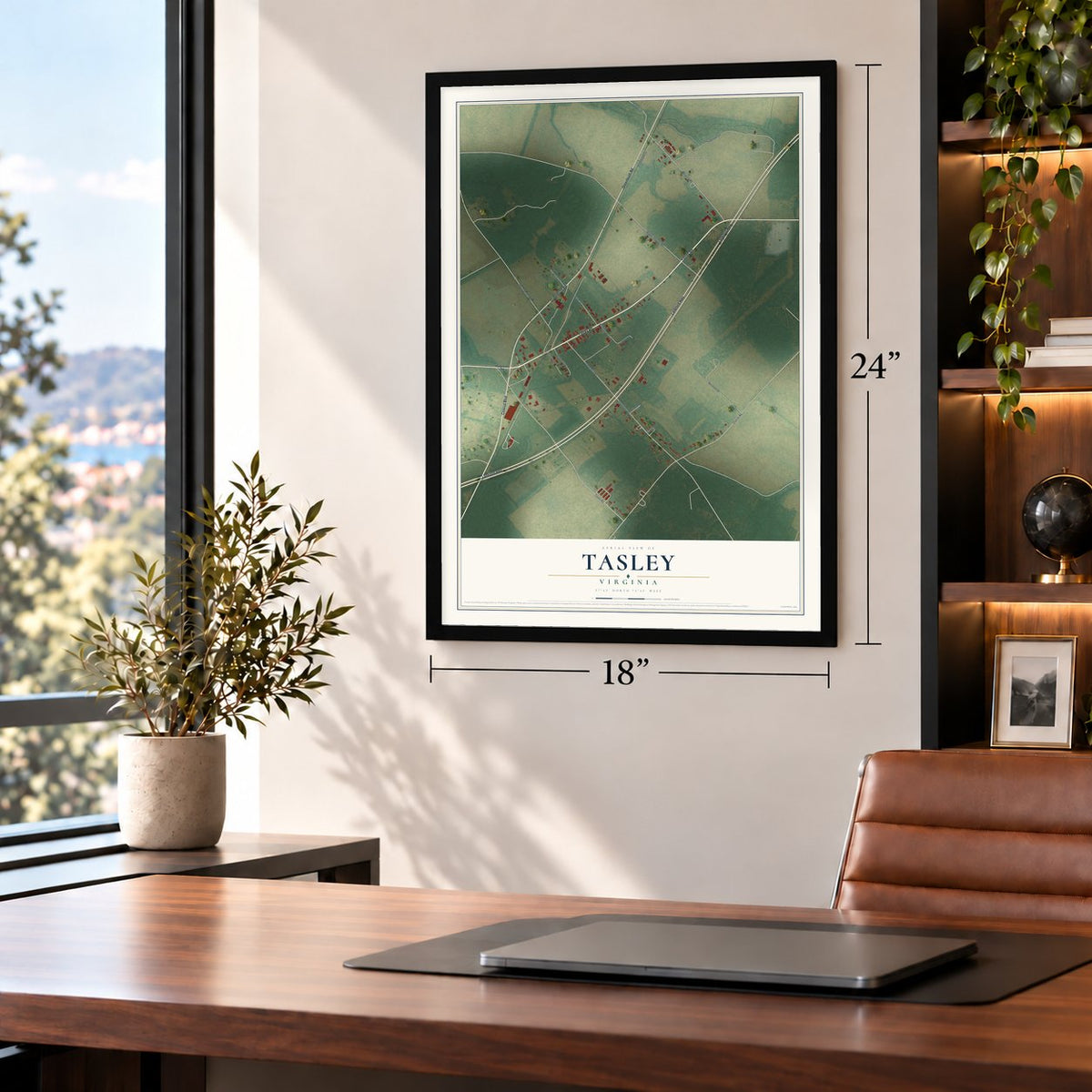 Tasley, Virginia map, 18 x 24 inch print in a black frame in a home office
