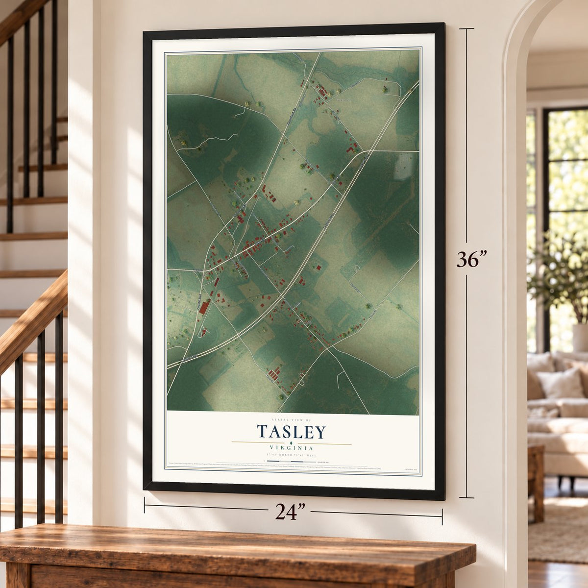 Tasley, Virginia map, 24 x 36 inch print in a black frame by a staircase