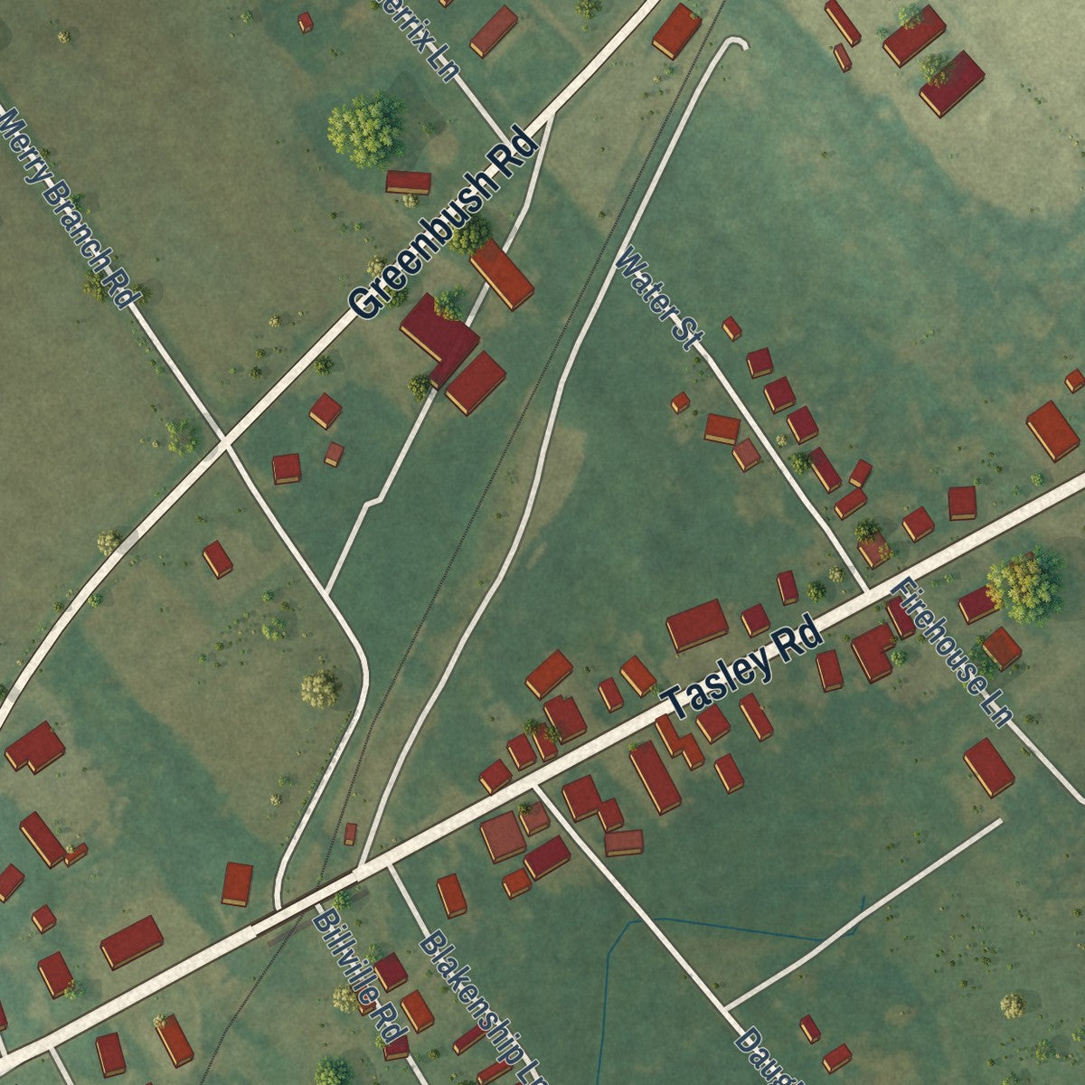 Close-up of the map of Tasley, Virginia print showing street and building detail
