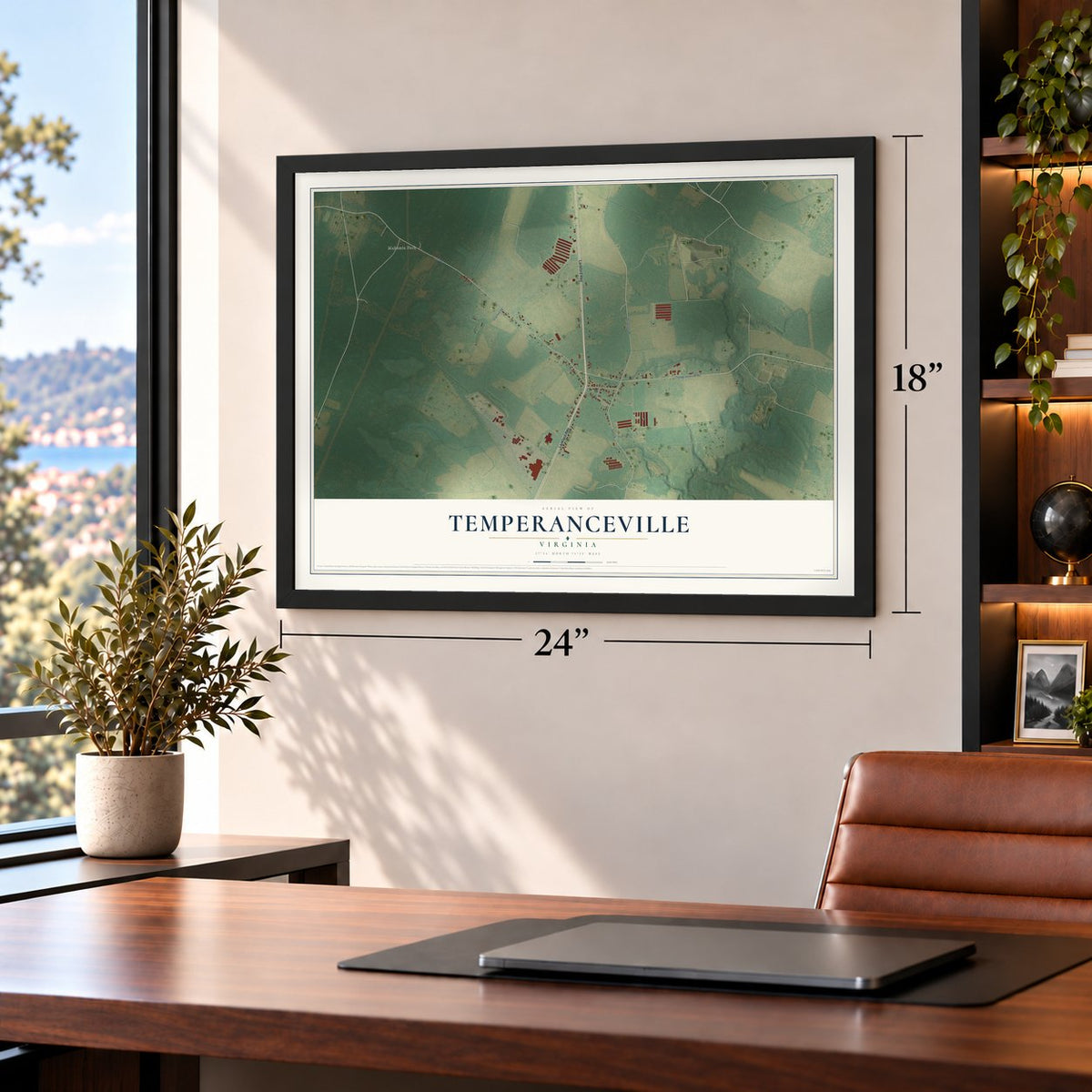 Temperanceville, Virginia map, 18 x 24 inch print in a black frame in a home office
