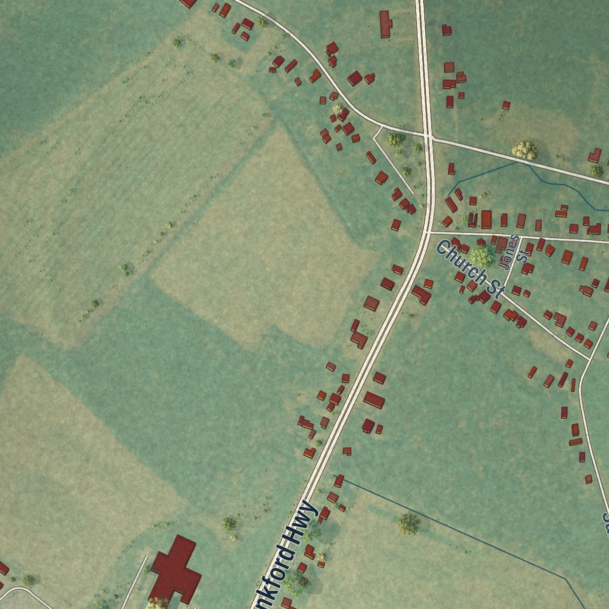 Close-up of the map of Temperanceville, Virginia print showing street and building detail