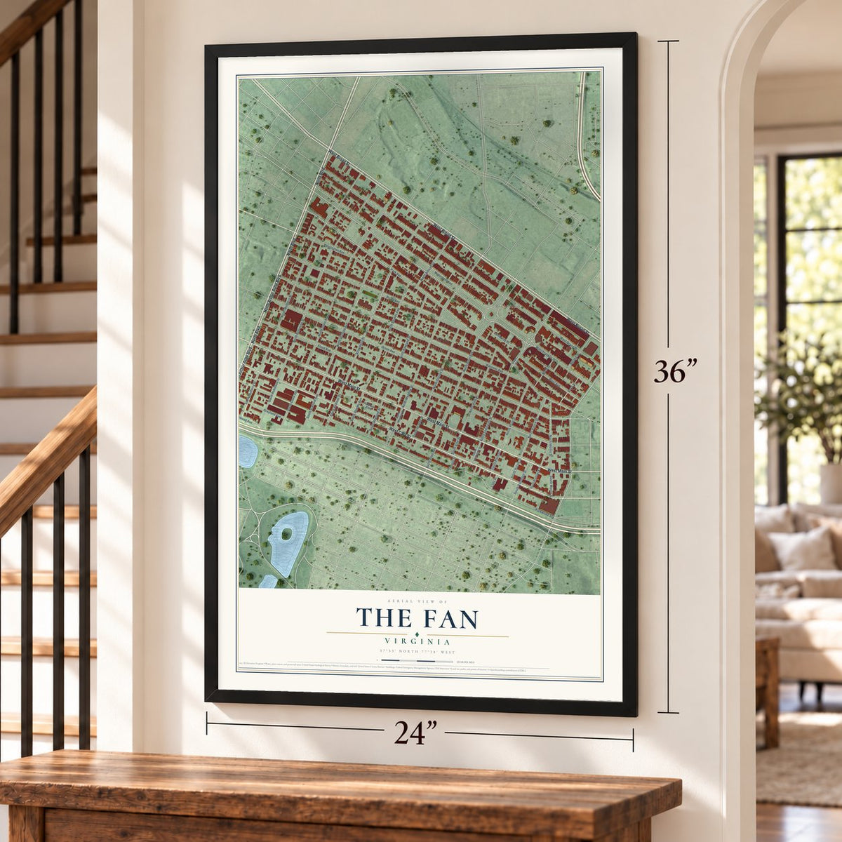 The Fan, Virginia map, 24 x 36 inch print in a black frame by a staircase