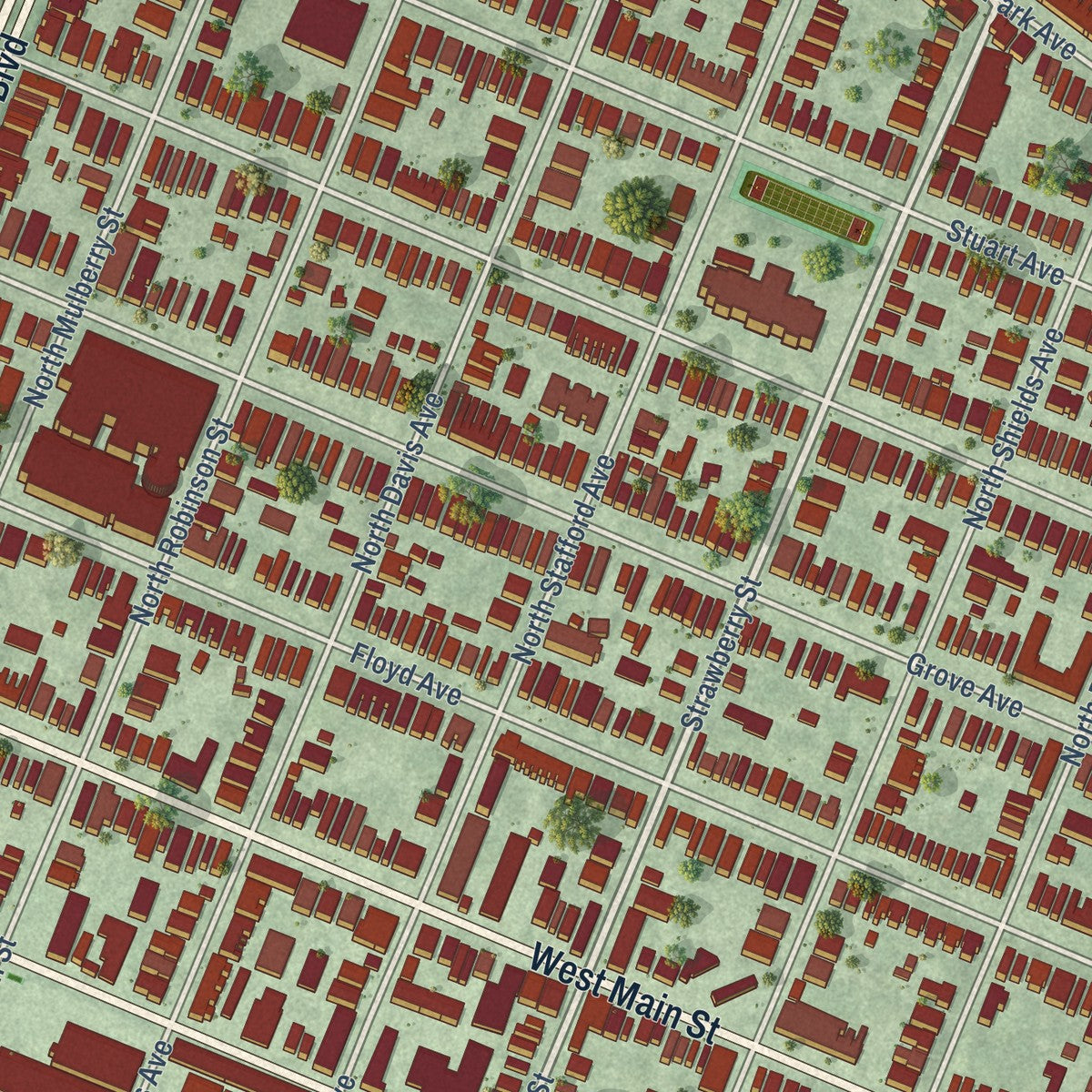 Close-up of the map of The Fan, Virginia print showing street and building detail