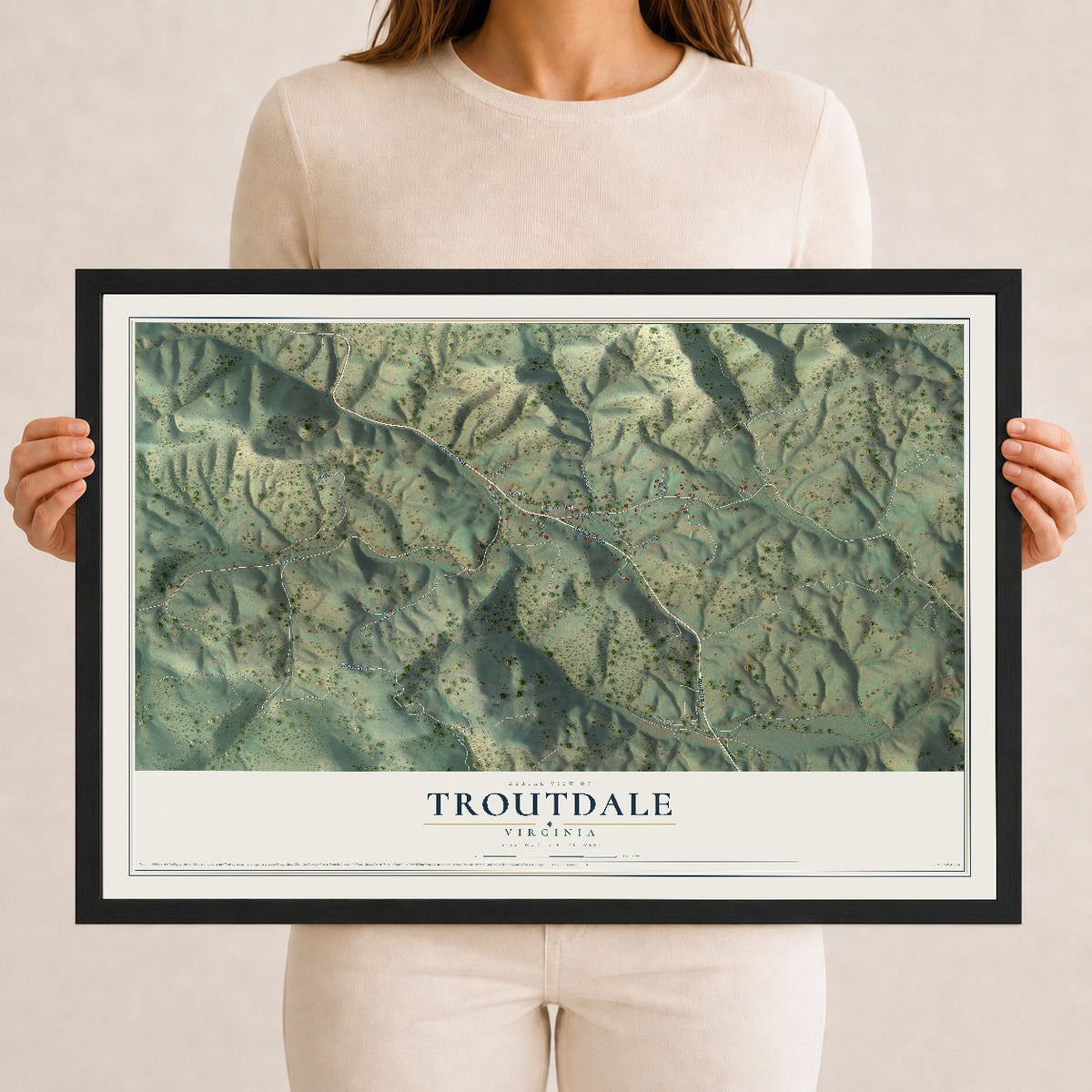 Map of Troutdale, Virginia, 12 x 18 inch print in a black wood frame