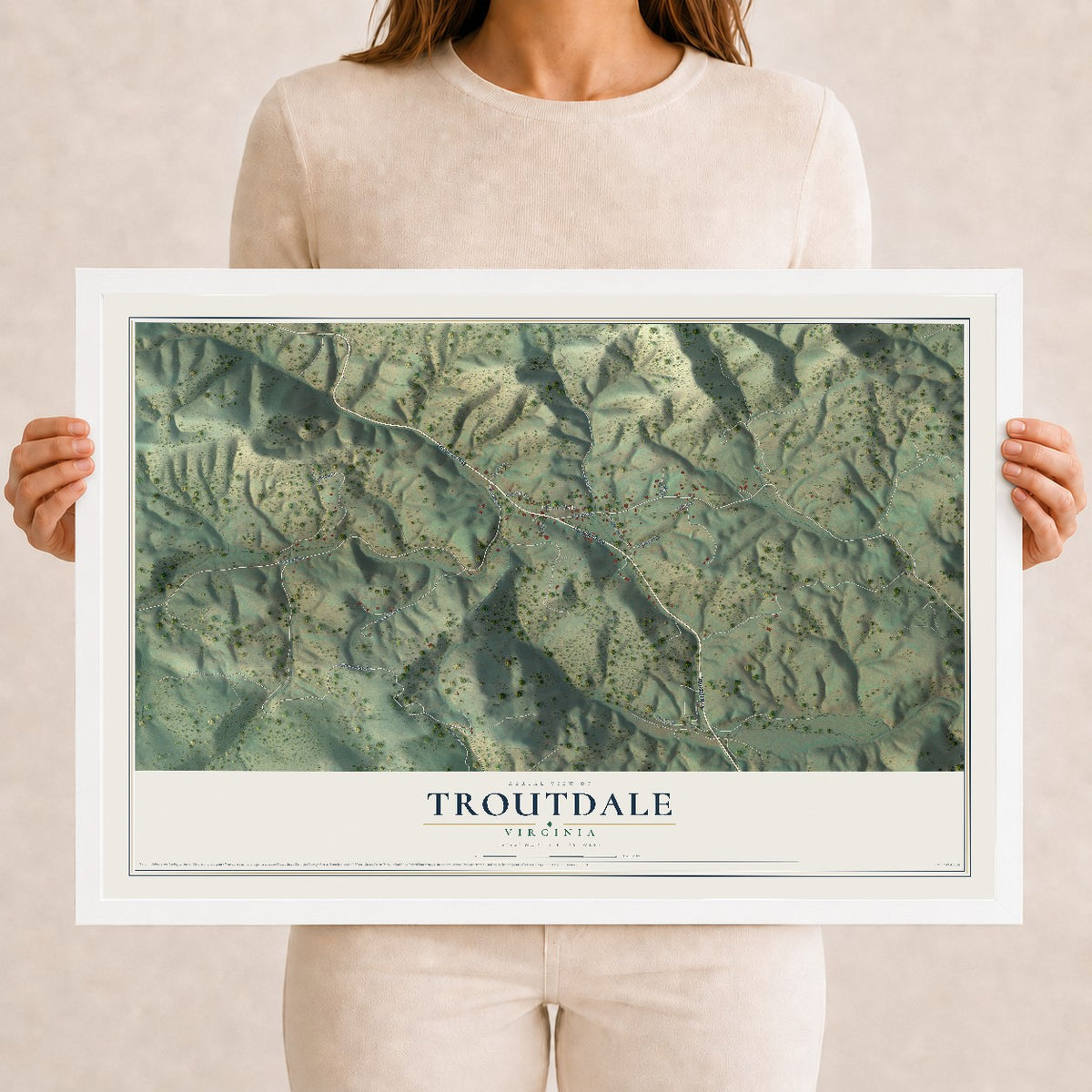 Map of Troutdale, Virginia, 12 x 18 inch print in a white wood frame