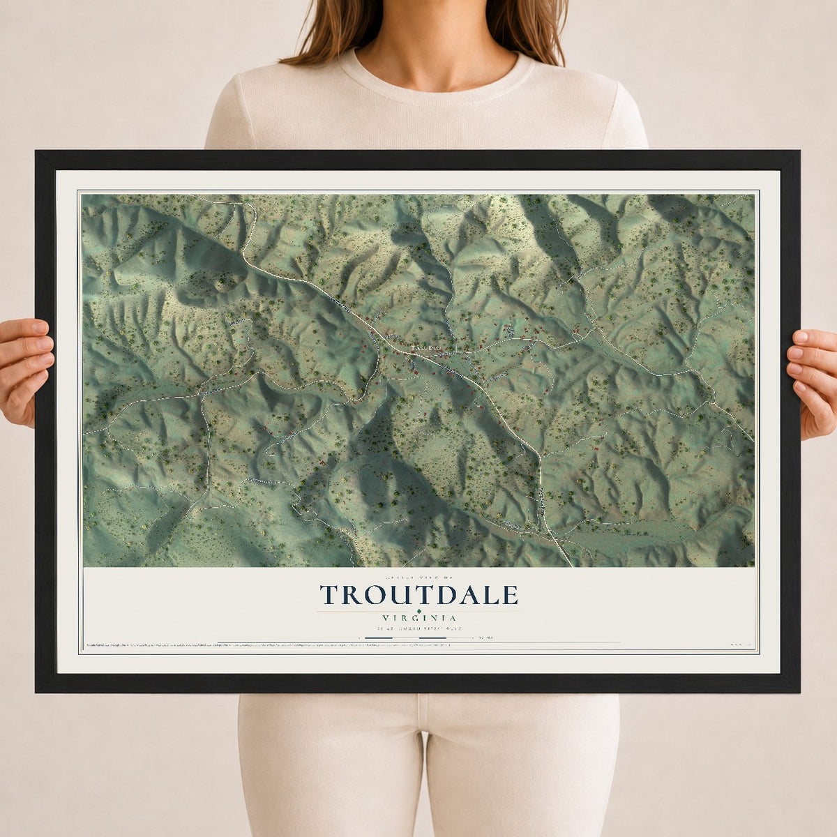 Map of Troutdale, Virginia, 18 x 24 inch print in a black wood frame