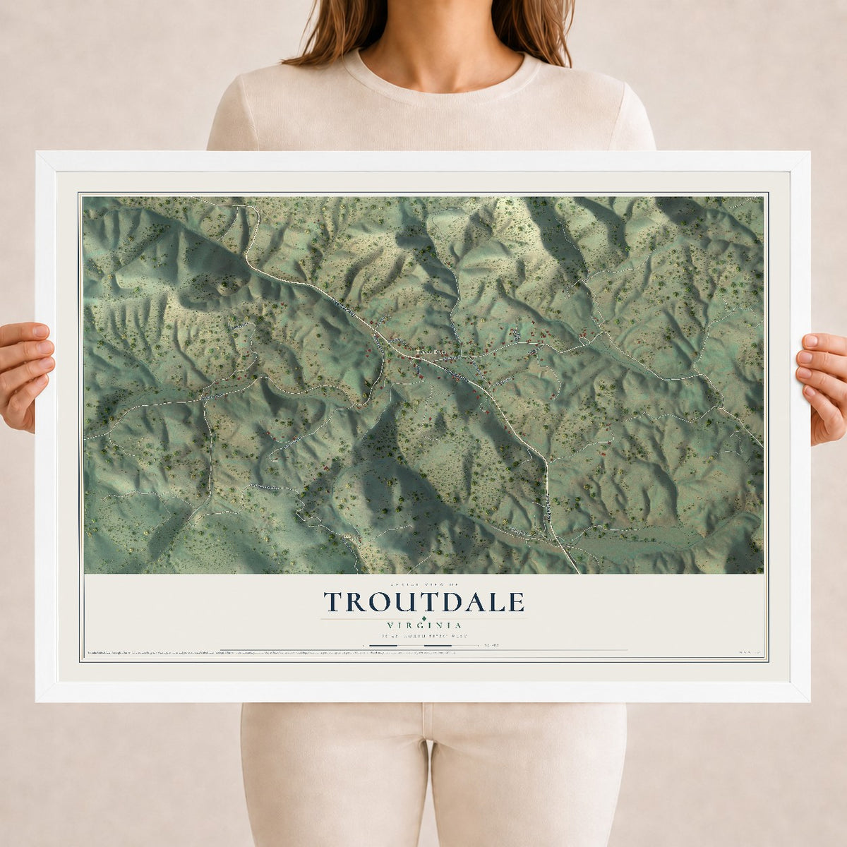 Map of Troutdale, Virginia, 18 x 24 inch print in a white wood frame