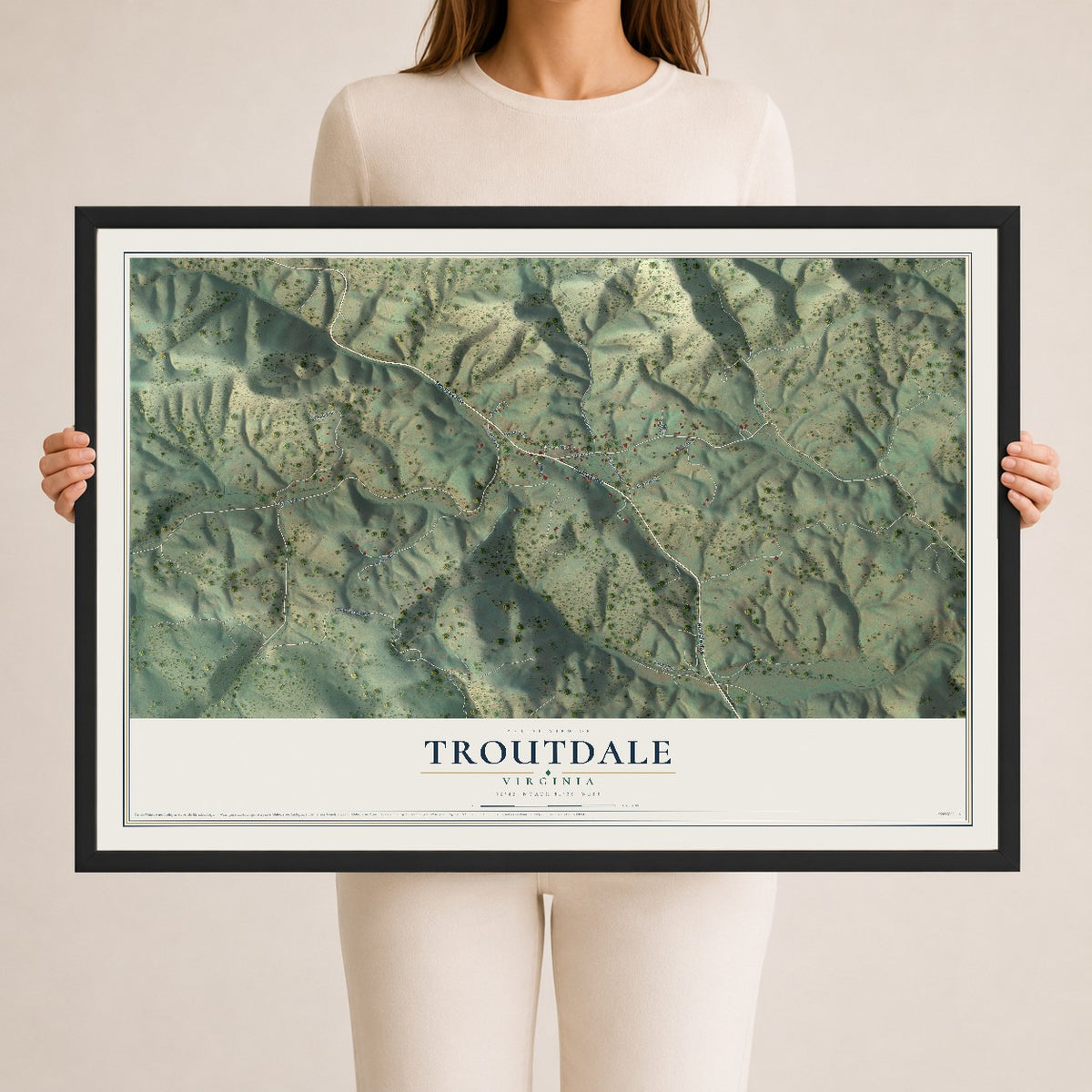 Map of Troutdale, Virginia, 24 x 36 inch print in a black wood frame