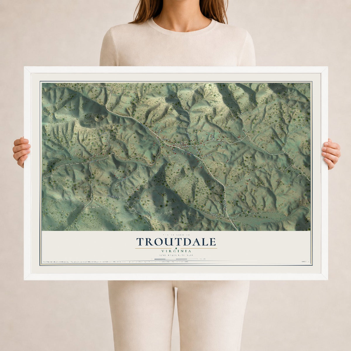 Map of Troutdale, Virginia, 24 x 36 inch print in a white wood frame