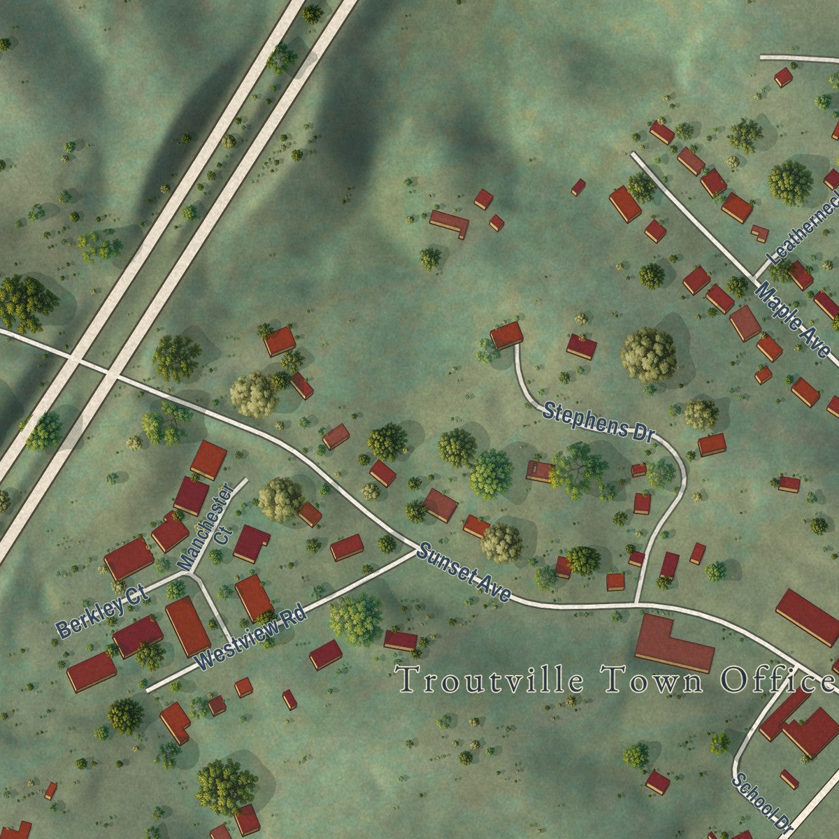 Close-up of the map of Troutville, Virginia print showing street and building detail