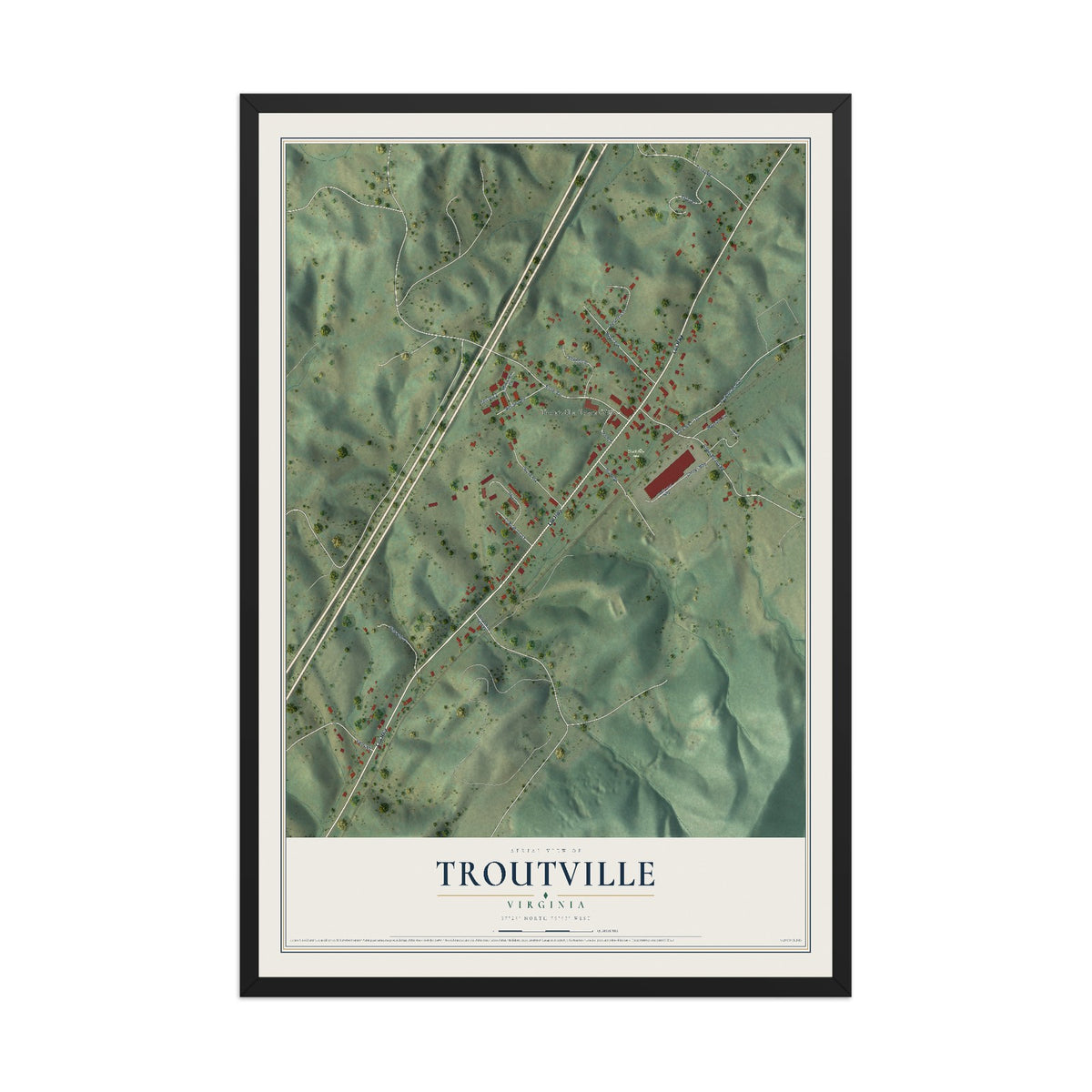 Map of Troutville, Virginia, 12 x 18 inch print in a black wood frame