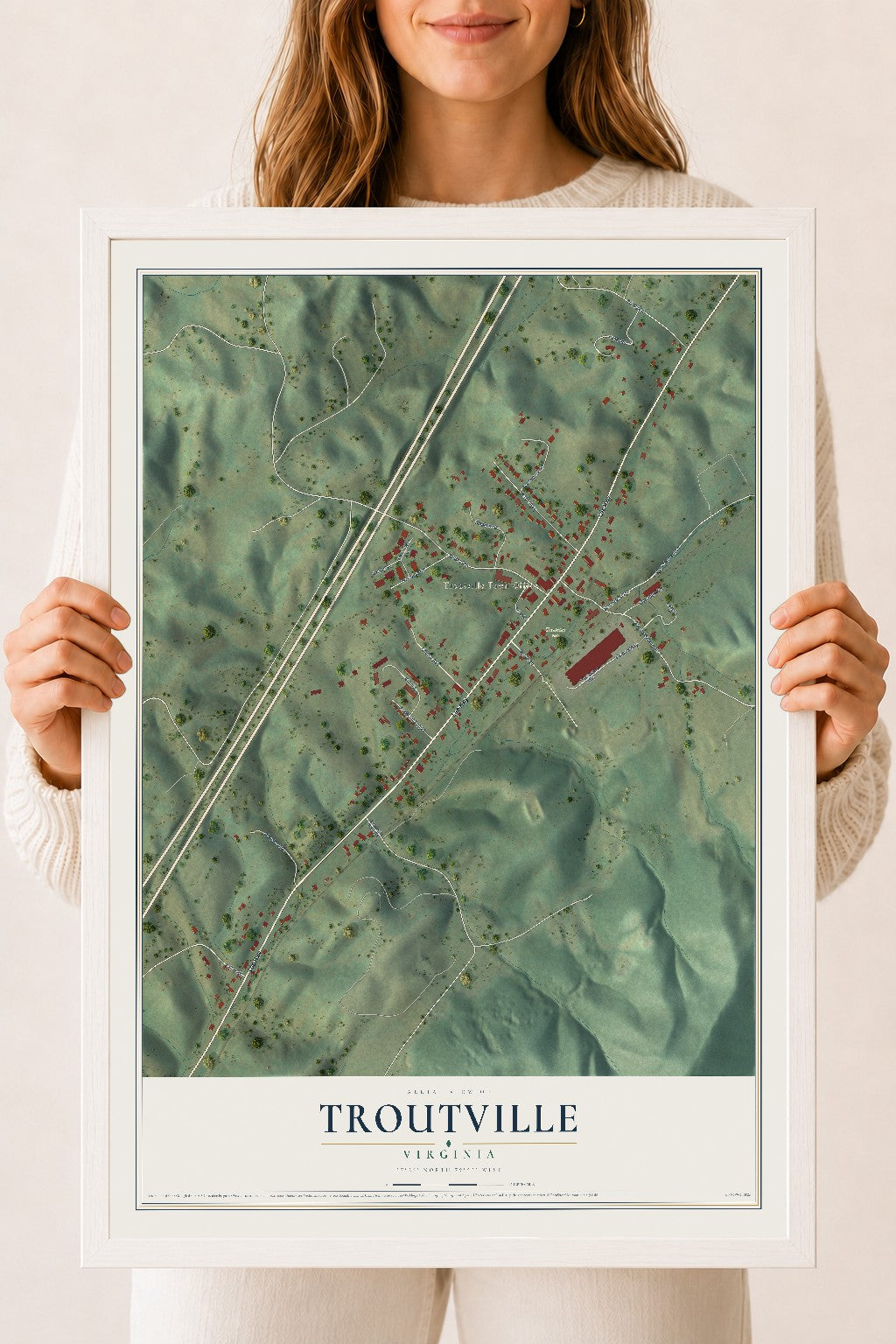 Map of Troutville, Virginia, 18 x 24 inch print in a white wood frame