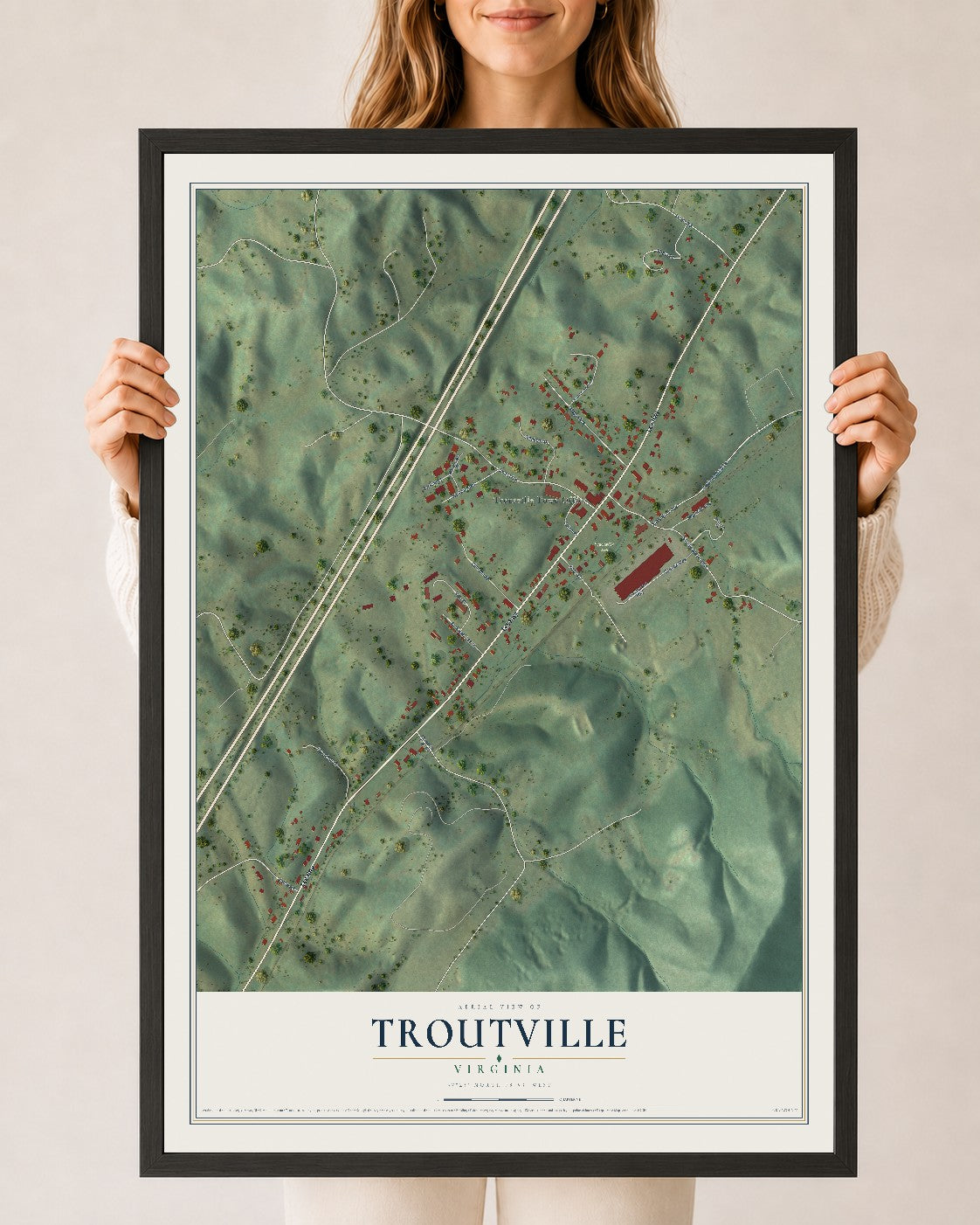 Map of Troutville, Virginia, 24 x 36 inch print in a black wood frame