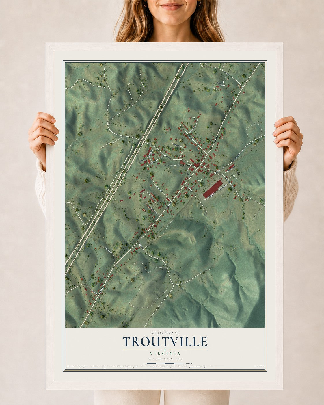 Map of Troutville, Virginia, 24 x 36 inch print in a white wood frame