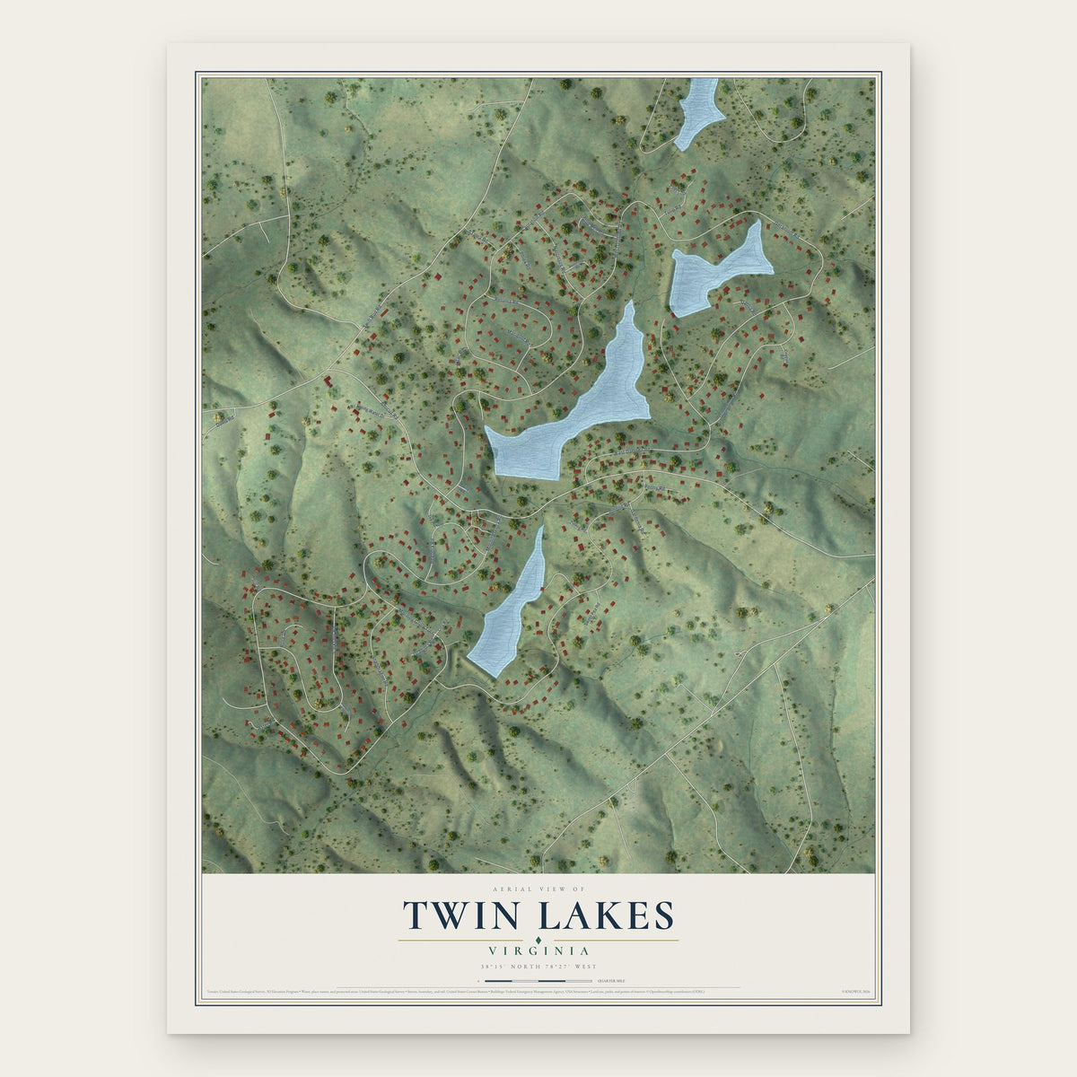 Twin Lakes, Virginia map print, the full design