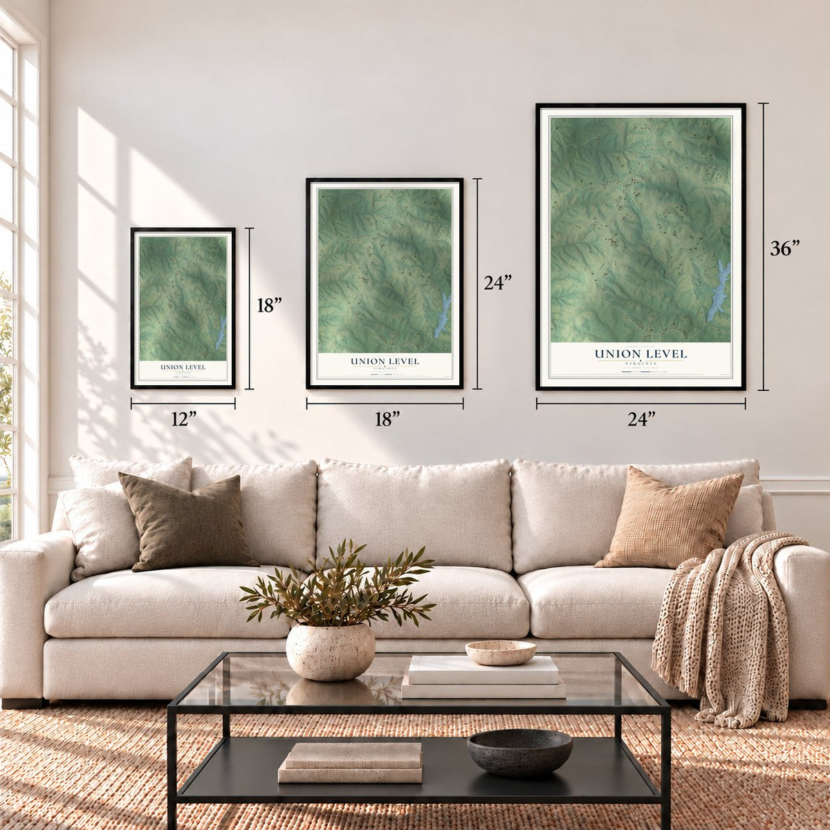 Union Level, Virginia map in 12 x 18, 18 x 24 and 24 x 36 inch sizes above a sofa