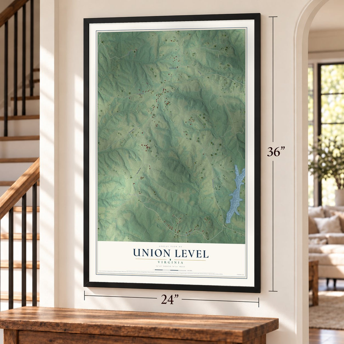 Union Level, Virginia map, 24 x 36 inch print in a black frame by a staircase