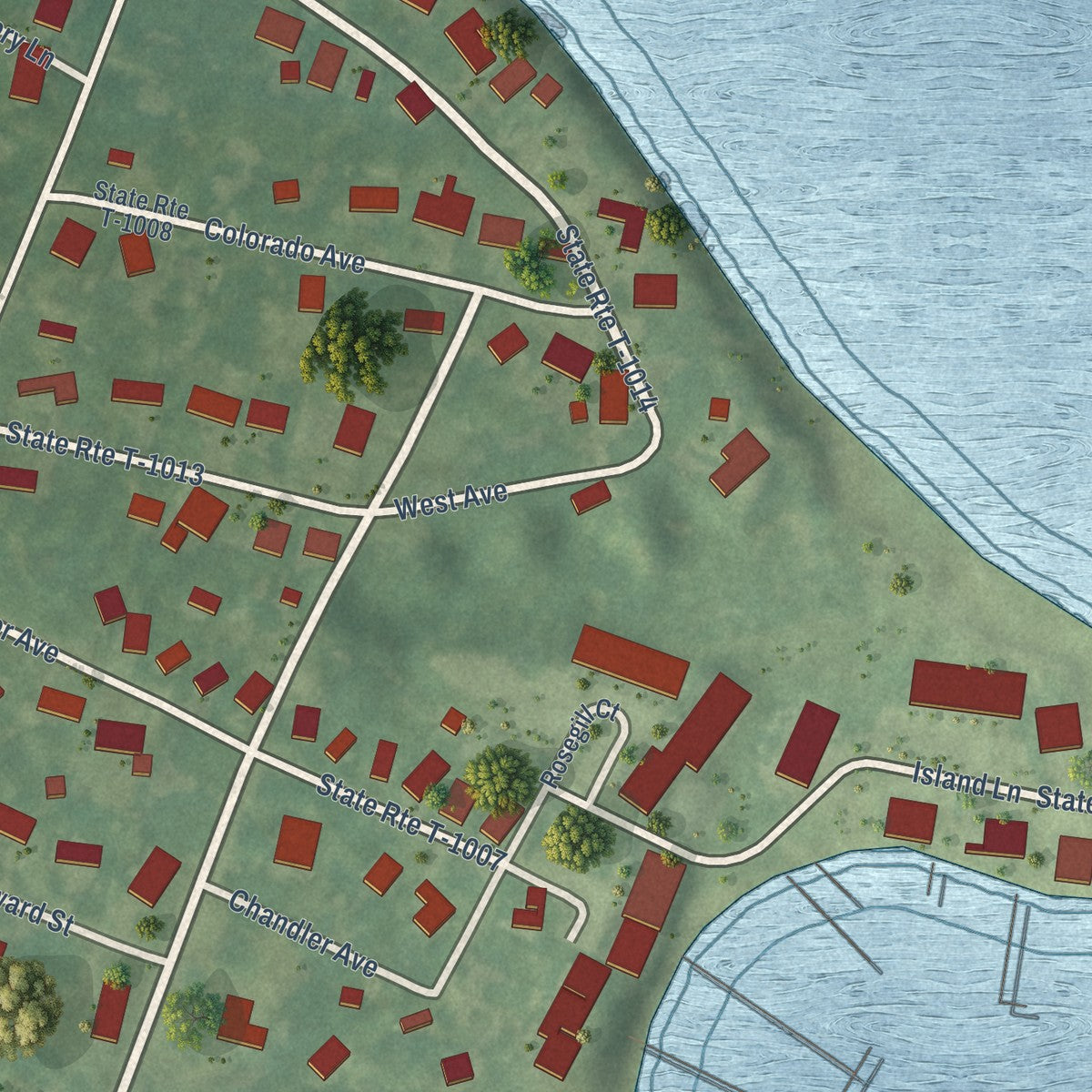 Second close-up of the map of Urbanna, Virginia print showing more streets and buildings