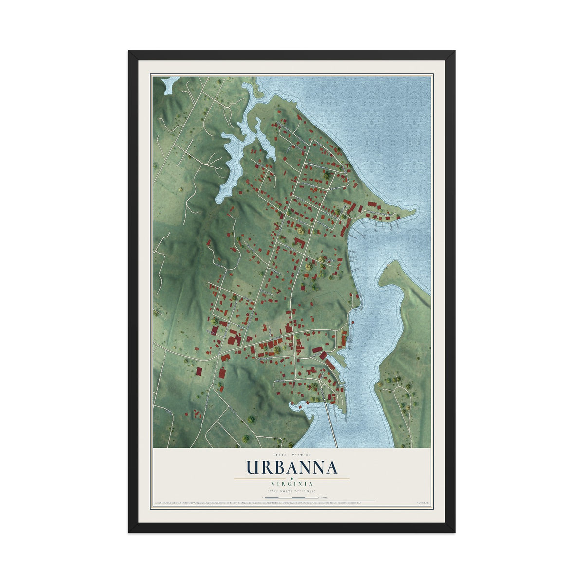 Map of Urbanna, Virginia, 12 x 18 inch print in a black wood frame