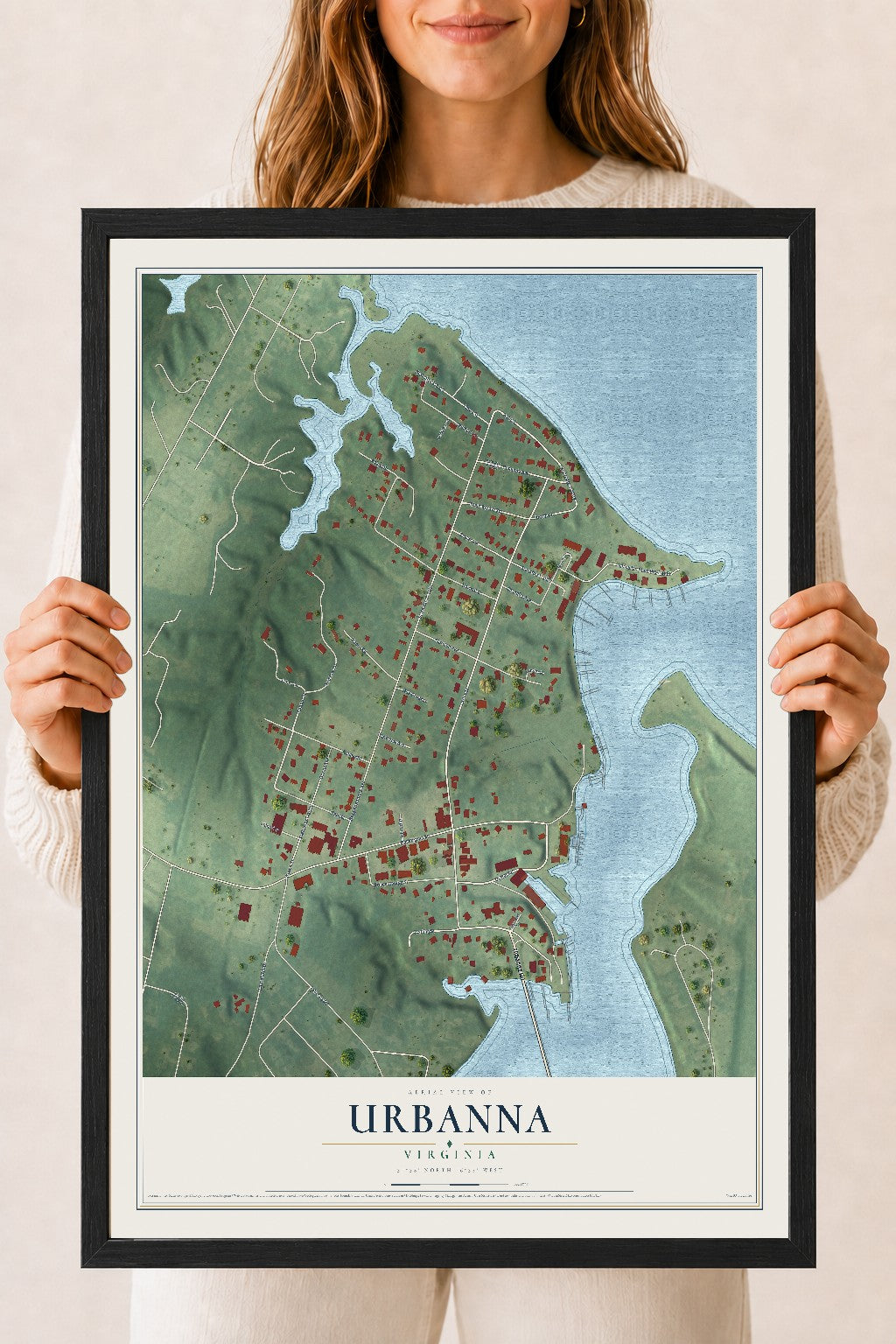 Map of Urbanna, Virginia, 18 x 24 inch print in a black wood frame