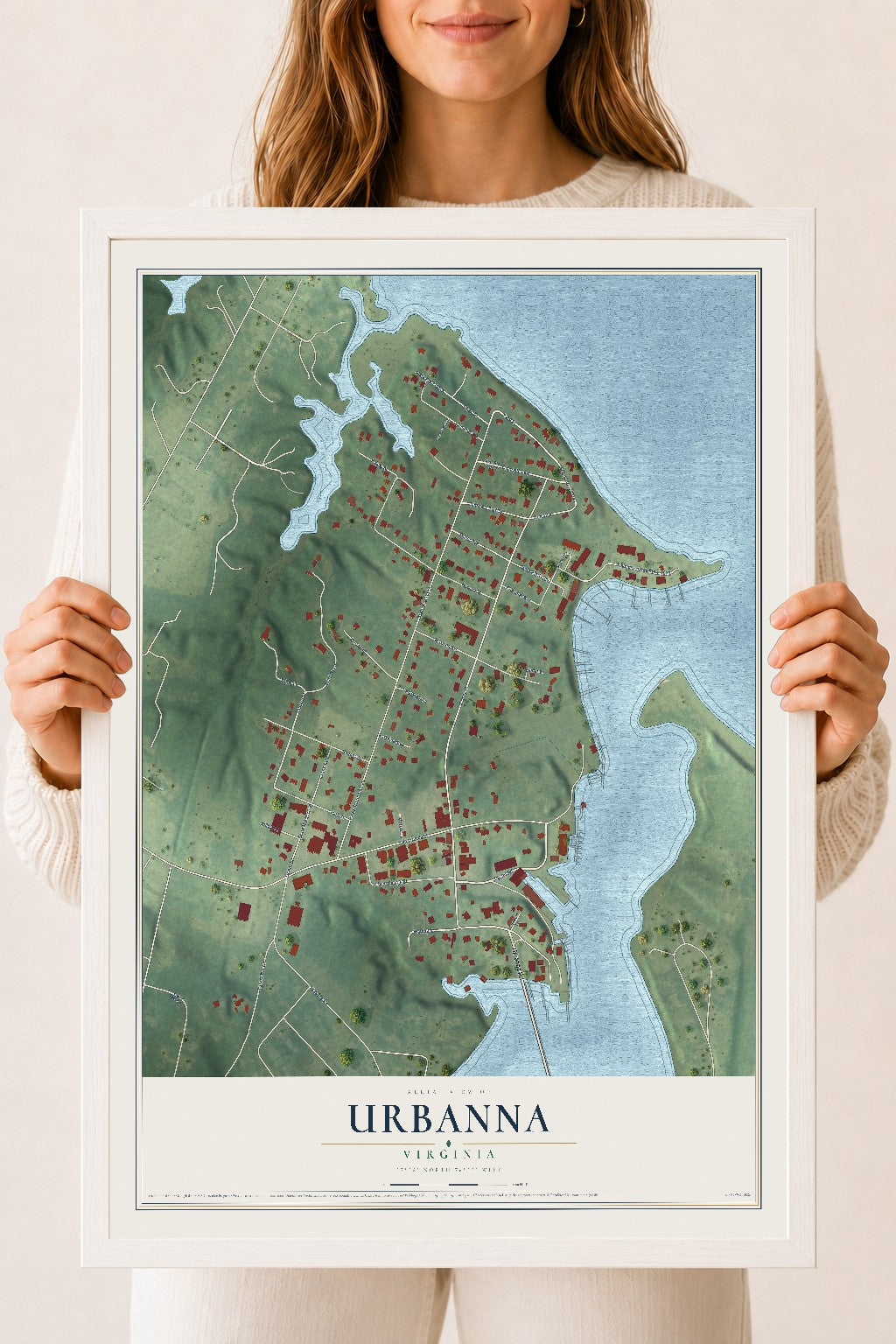 Map of Urbanna, Virginia, 18 x 24 inch print in a white wood frame