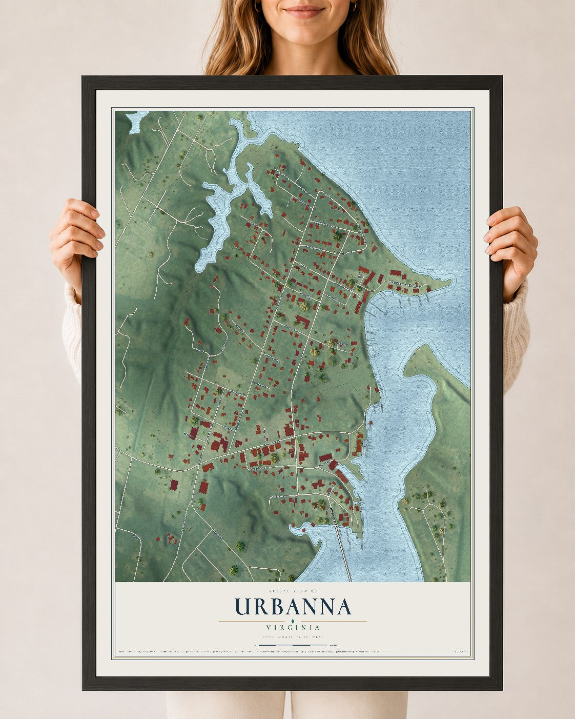 Map of Urbanna, Virginia, 24 x 36 inch print in a black wood frame
