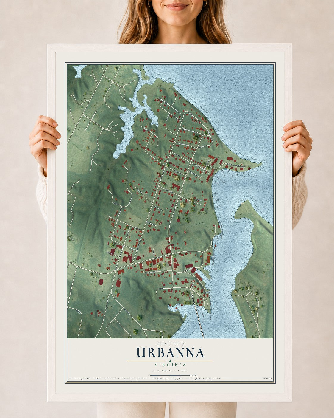 Map of Urbanna, Virginia, 24 x 36 inch print in a white wood frame