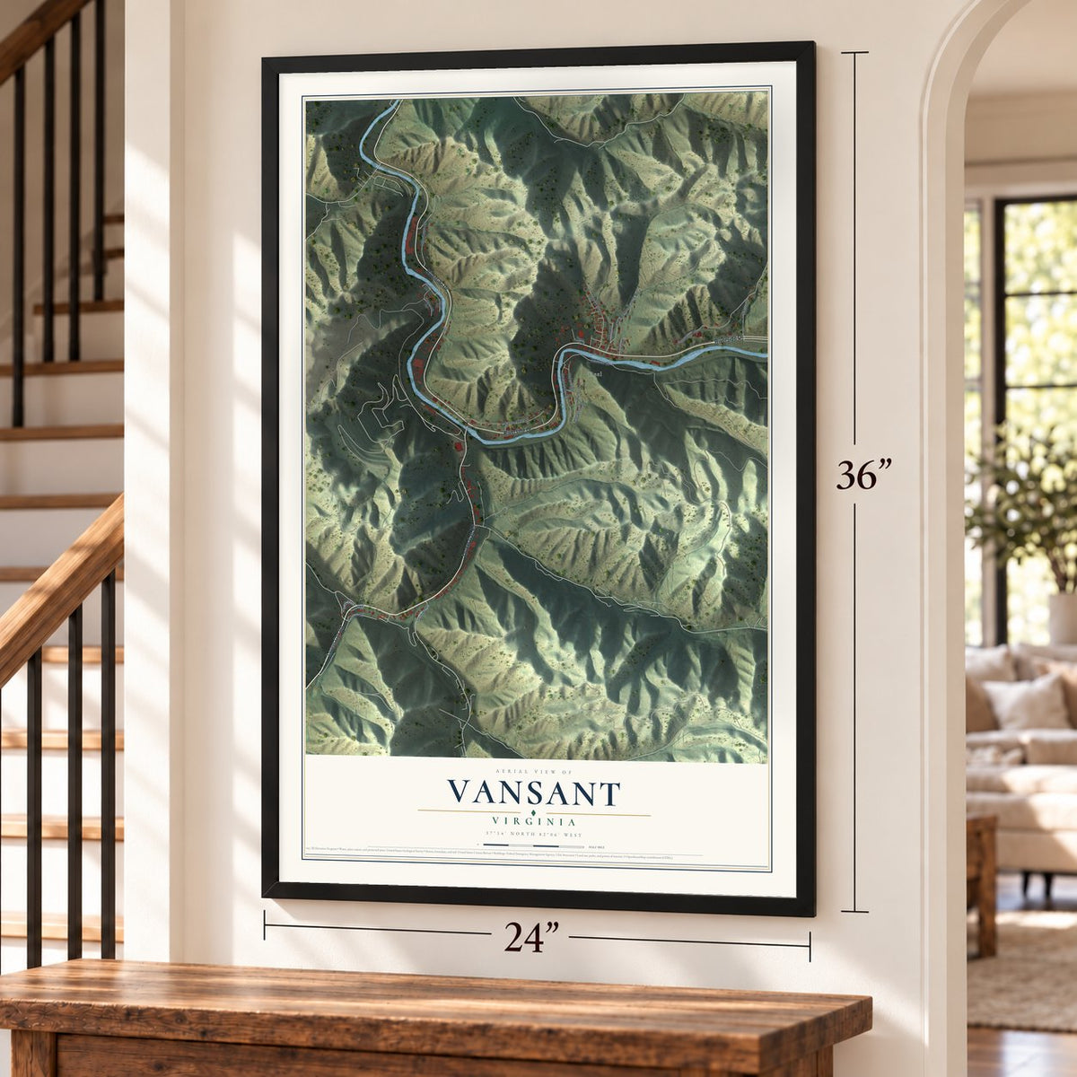 Vansant, Virginia map, 24 x 36 inch print in a black frame by a staircase