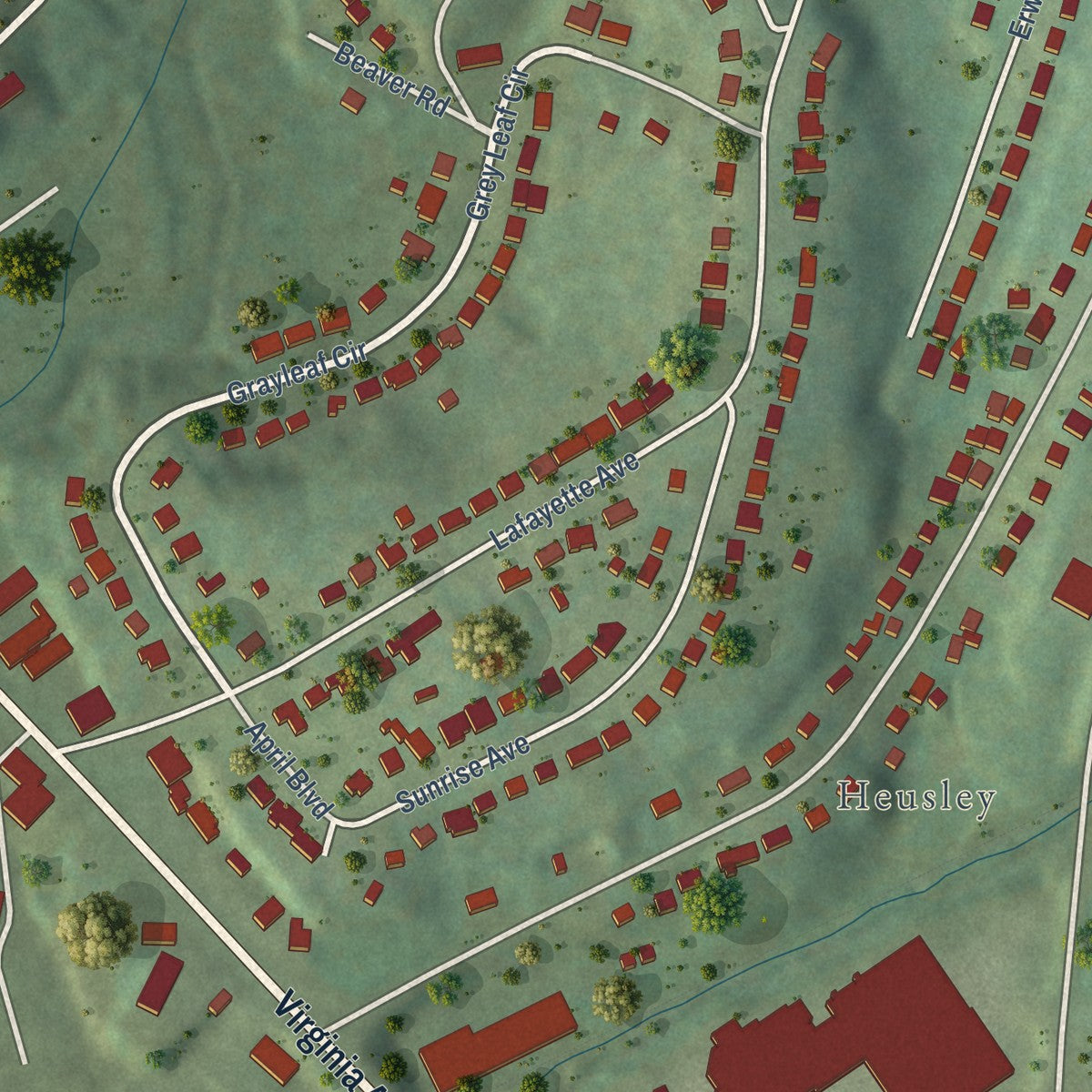 Close-up of the map of Villa Heights, Virginia print showing street and building detail