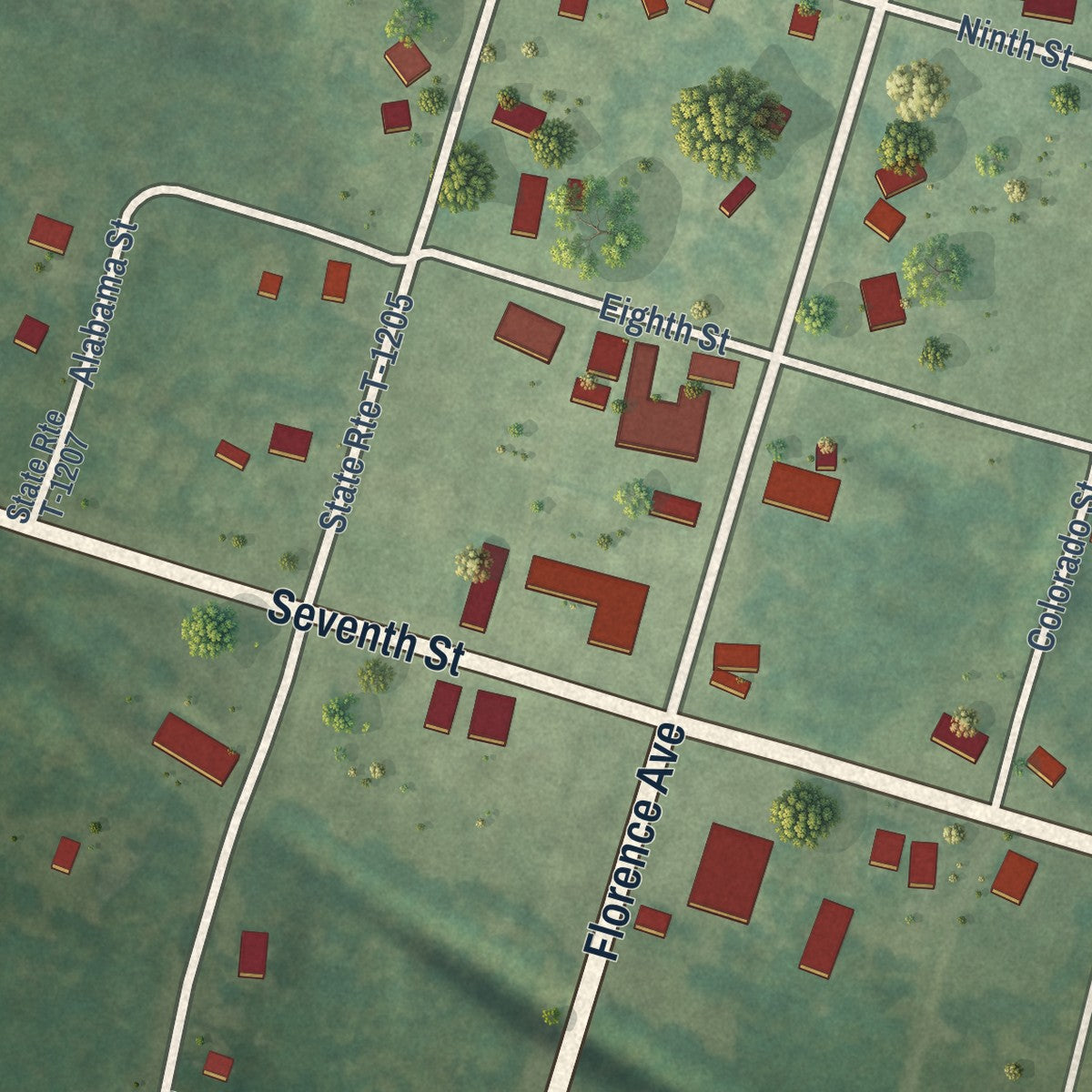 Close-up of the map of Virgilina, Virginia print showing street and building detail