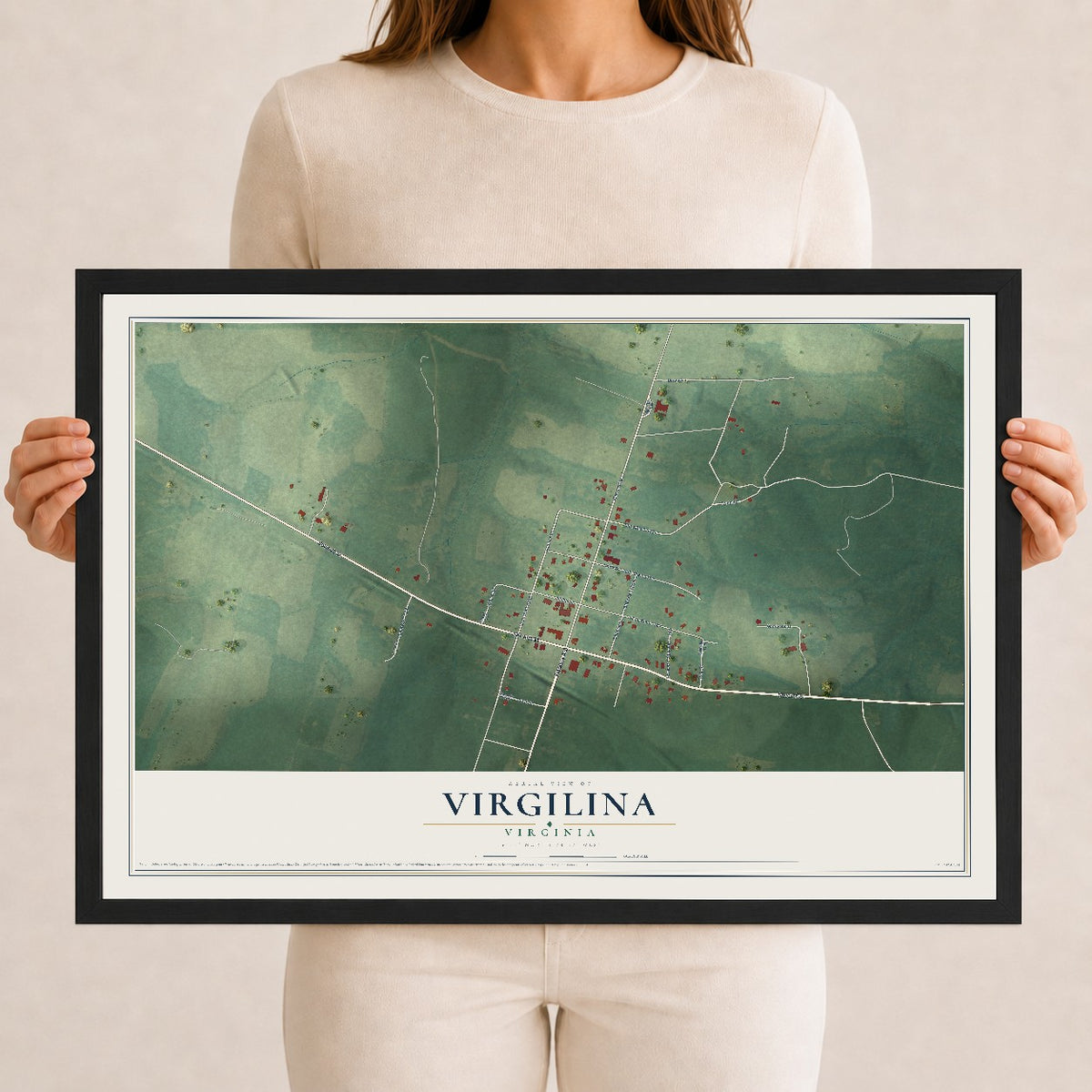 Map of Virgilina, Virginia, 12 x 18 inch print in a black wood frame