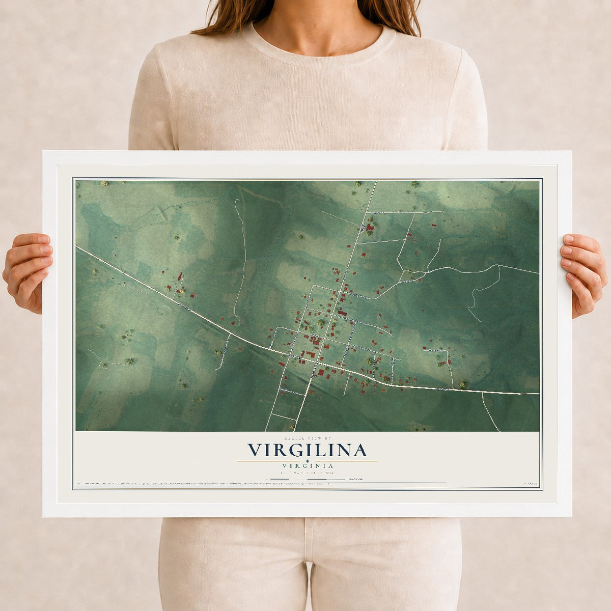 Map of Virgilina, Virginia, 12 x 18 inch print in a white wood frame