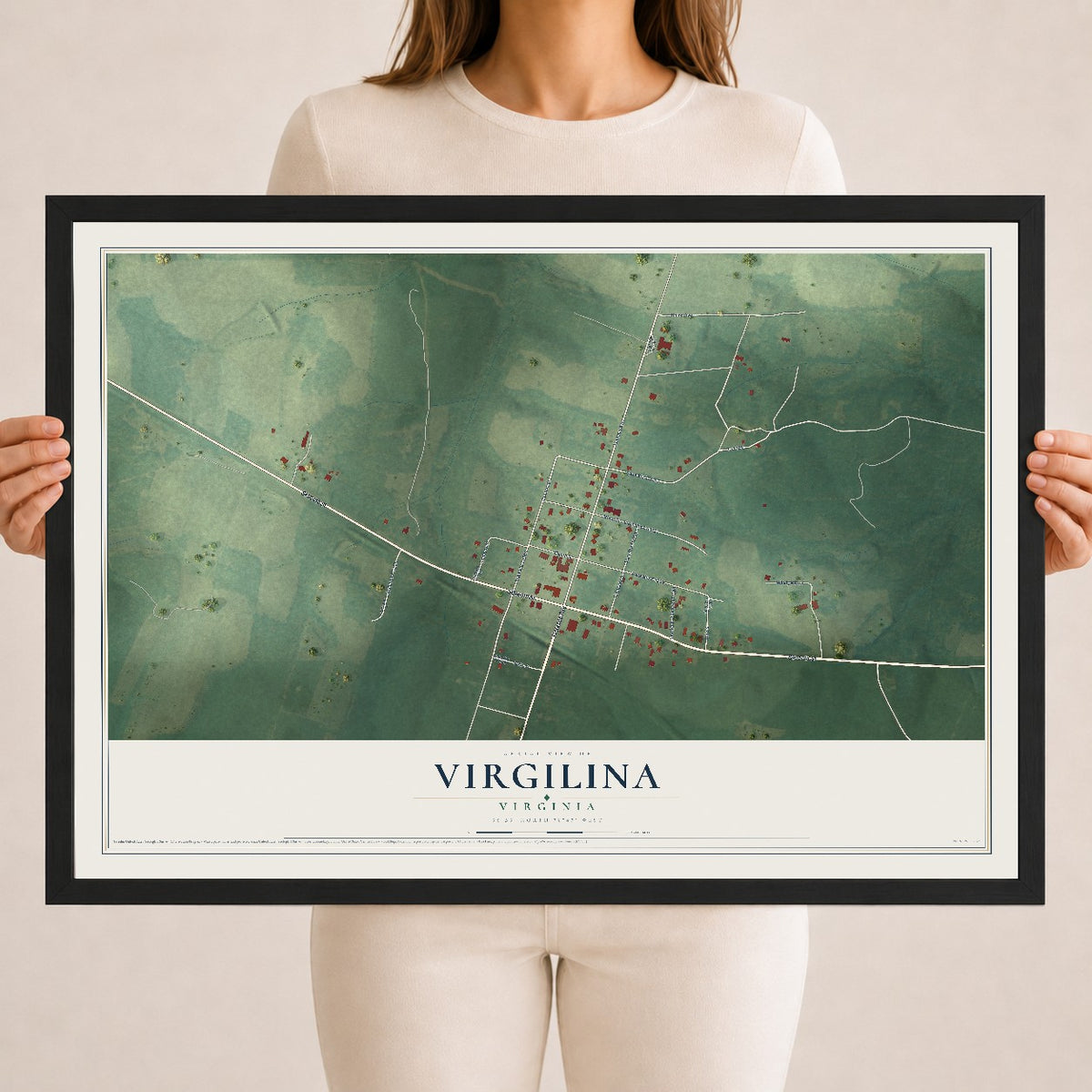 Map of Virgilina, Virginia, 18 x 24 inch print in a black wood frame