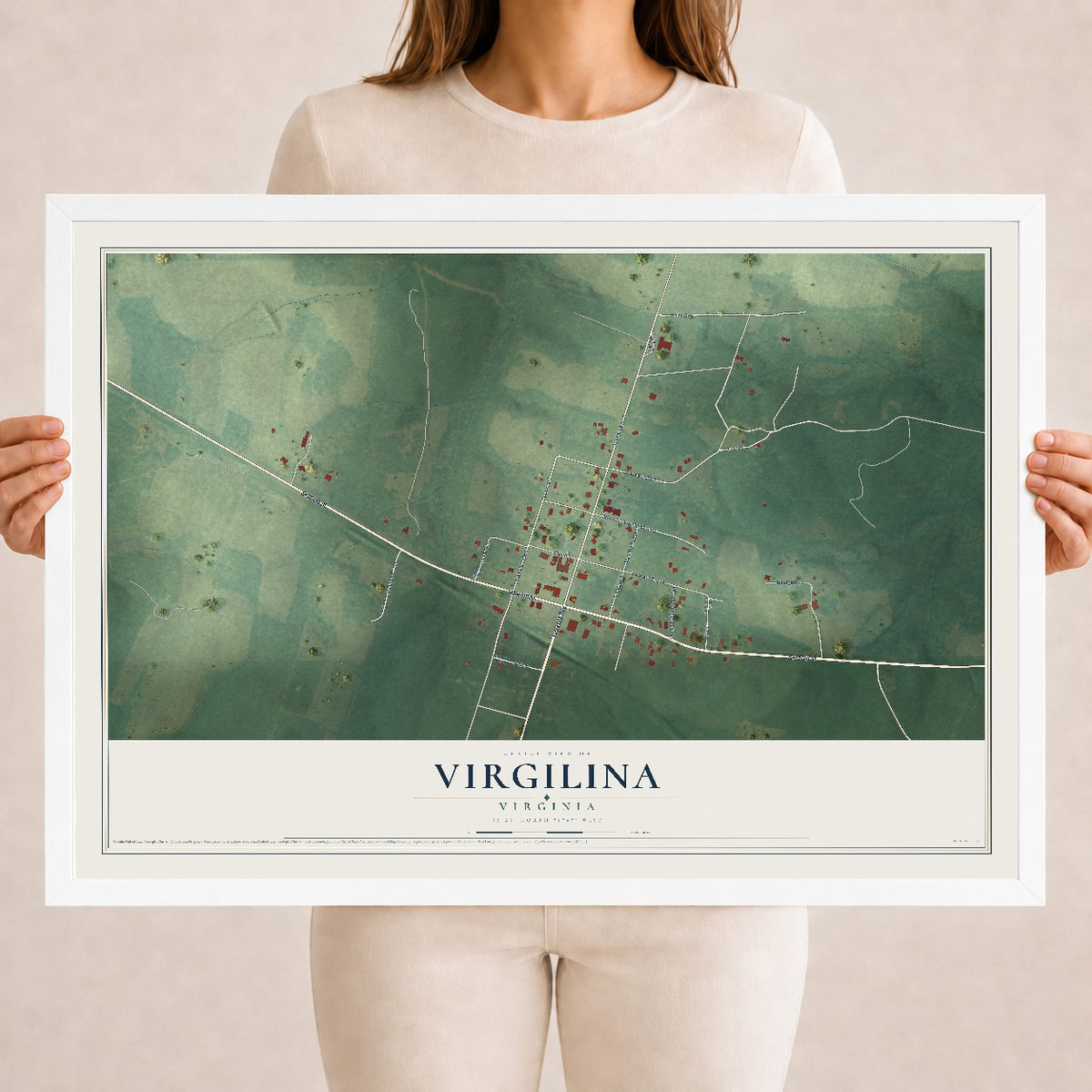 Map of Virgilina, Virginia, 18 x 24 inch print in a white wood frame
