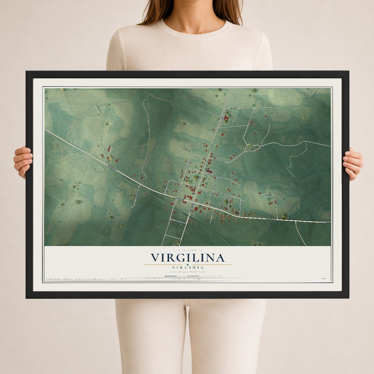 Map of Virgilina, Virginia, 24 x 36 inch print in a black wood frame
